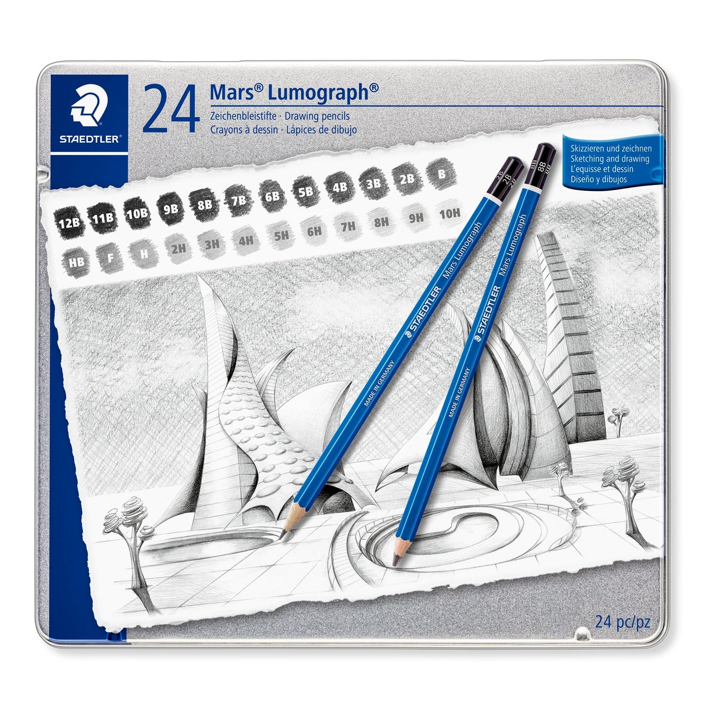 STAEDTLER Mars Lumograph - Lápices de dibujo artístico, lápices de grafito en caja de metal, plomo unido resistente a la rotura, grados 12B-10H, juego de 24