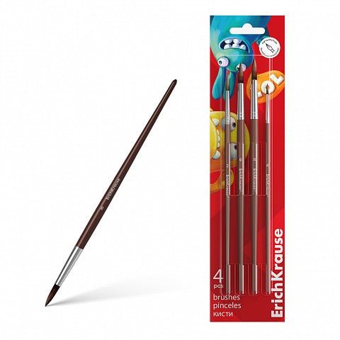 ErichKrause - Pinceles Jolly Friends para acuarela y gouache, Pony, 4 piezas (en blíster) pelo natural de pony