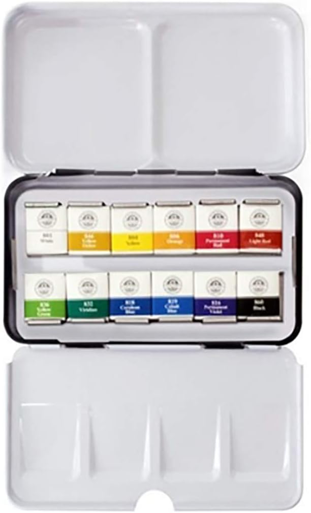 RESERVA - Mungyo Juego de acuarelas profesionales de tamaño medio sartén en caja de hojalata/paleta de mezcla integral en la tapa (12 colores)