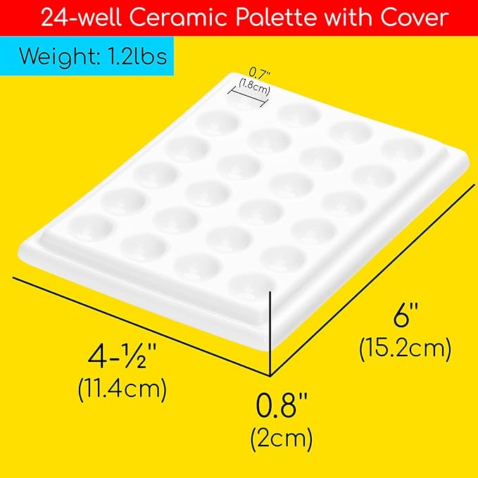 Paleta de pintura de acuarela de cerámica de 24 pocillos con cubierta, paleta de mezcla de porcelana para artista, 6 x 4-1/2 pulgadas para artista, acuarela, gouache, pintura para colorear