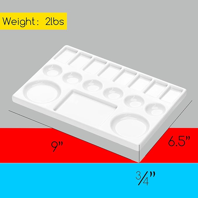 Paleta de acuarela de cerámica, bandeja de mezcla de porcelana blanca de 17 huecos, paleta de pintura para artistas, paleta de pintura rectangular de 22,9 cm x 16,5 cm para acuarela, gouache