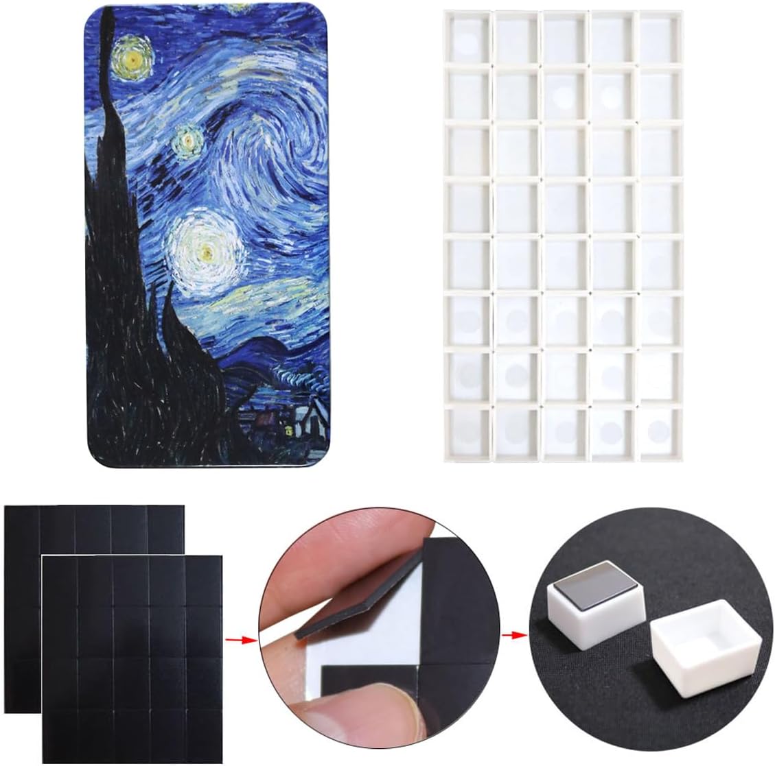 Vincent Van Gosh - Paleta de pintura vacía de latas de acuarela con 40 piezas de medias bandejas vacías que llevan cuadrados magnéticos, noche estrellada KEEPLIVINGFASTER