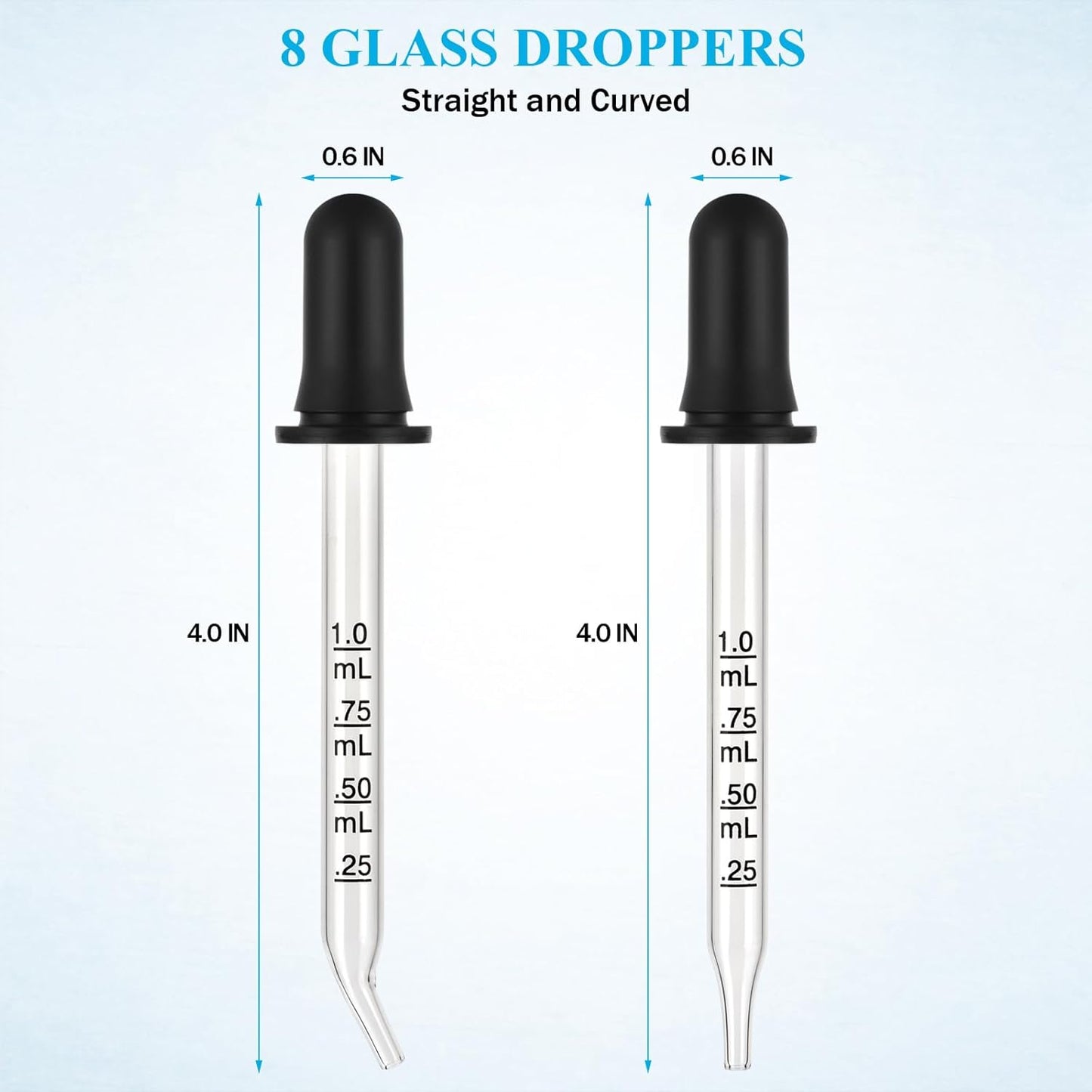 1 Cuentagotas de pipeta de vidrio, cuentagotas con puntas dobladas o rectas, goteros de 0.3 fl oz para aceites esenciales, laboratorio, cuidado de la salud
