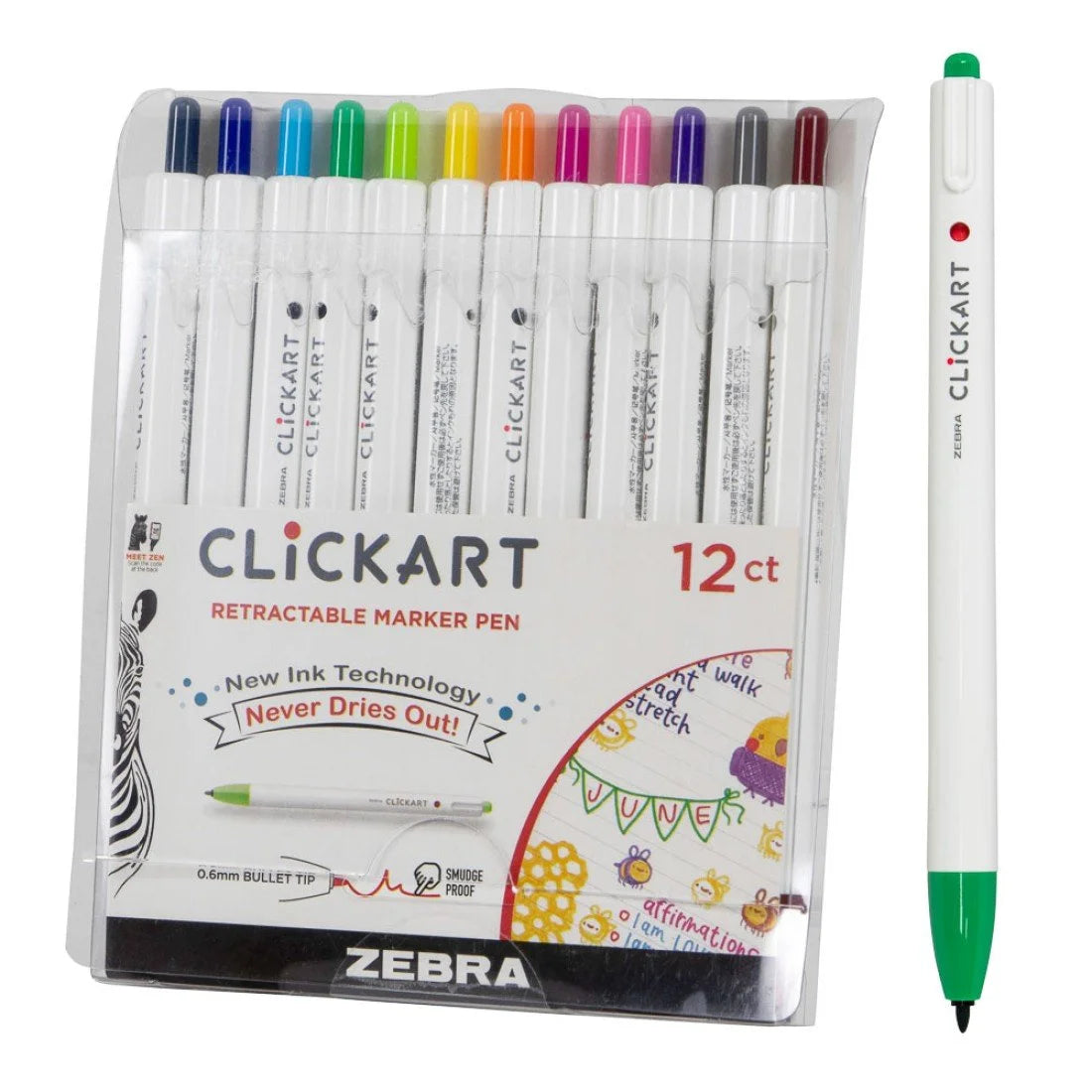 Zebra Pen Click Art - Rotulador retráctil, punta fina, 0.024 pulgadas (0.6mm), colores surtidos, paquete de 12