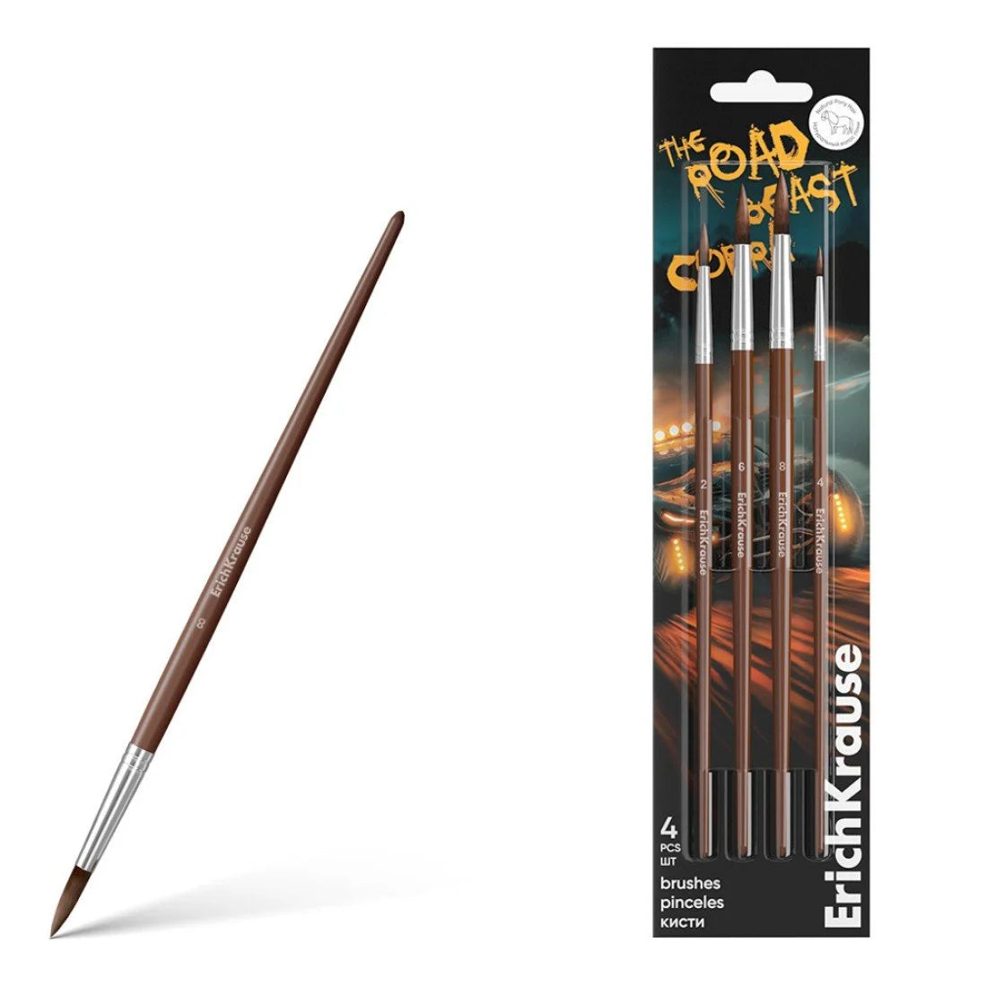 ErichKrause - Pinceles para puntas de acuarela y gouache, 4 piezas (en blíster) pelo natural de pony