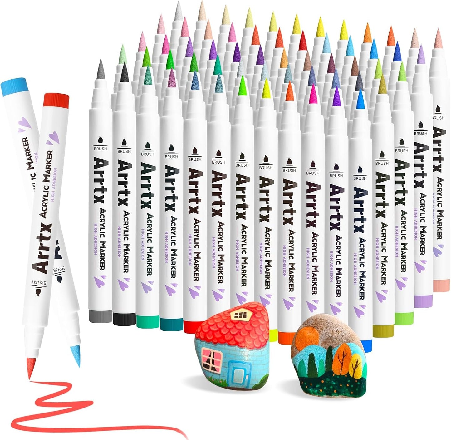 Arrtx Bolígrafos de pintura acrílica de 60 colores, rotuladores de pintura, punta de pincel para pintura roca, madera, lienzo, piedra, cerámica, suministros de arte para manualidades, con neón,