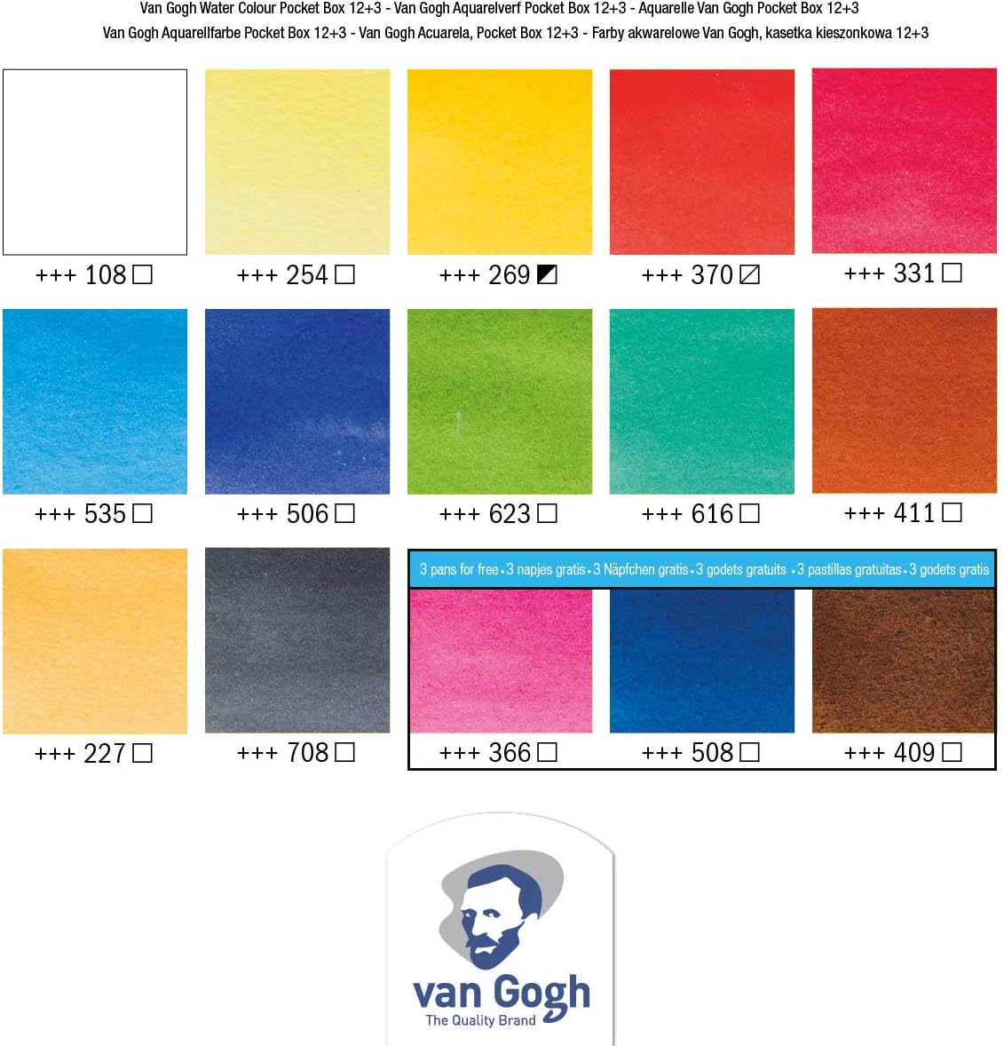Van Gogh - Juego de pinturas para acuarela, 12 + 3 General (caja de bolsillo plástico).