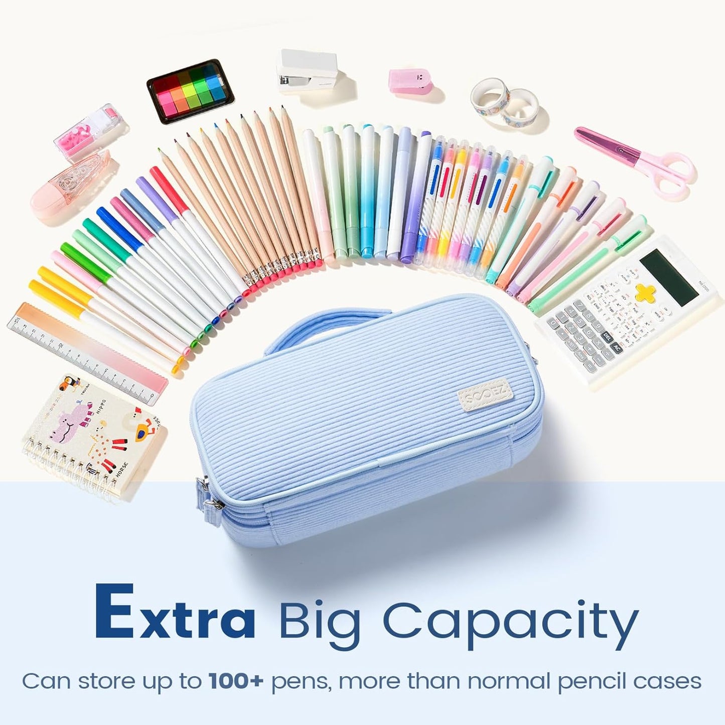 Estuche grande para lápices, bolsa de pana suave con asa, lindo estuche para bolígrafos, 5 compartimentos, organizador de amplia apertura para bolígrafos con cremallera, suministros escolares