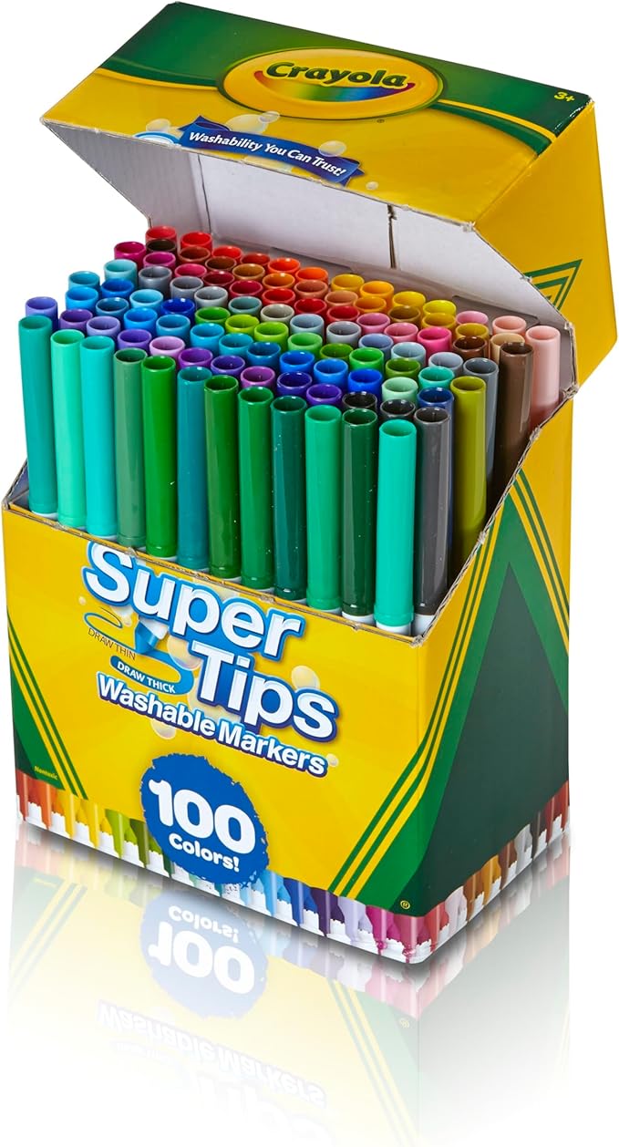 Crayola Juego de rotuladores Super Tips, lavables, colores surtidos, juego de arte para niños, 100 unidades