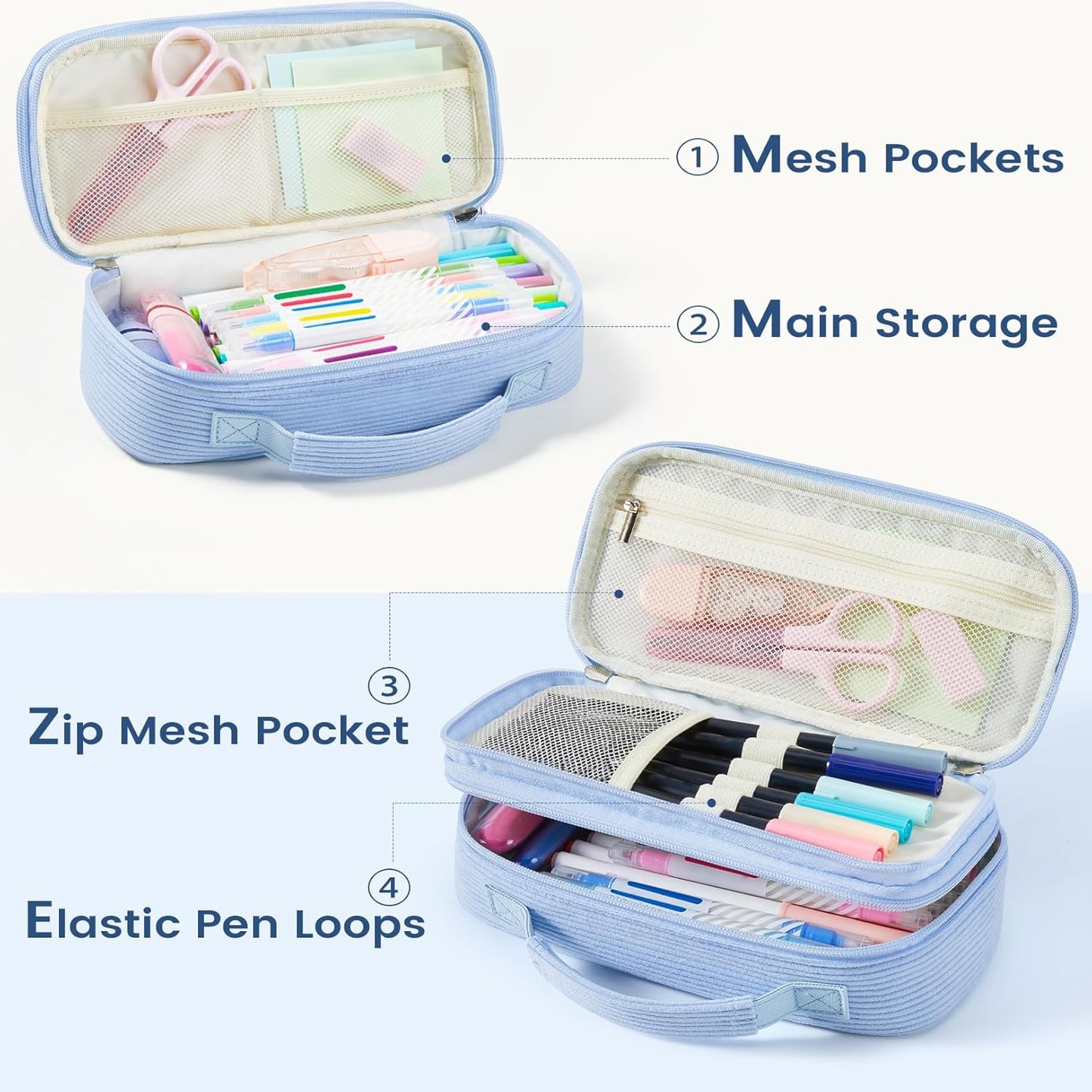 Estuche grande para lápices, bolsa de pana suave con asa, lindo estuche para bolígrafos, 5 compartimentos, organizador de amplia apertura para bolígrafos con cremallera, suministros escolares