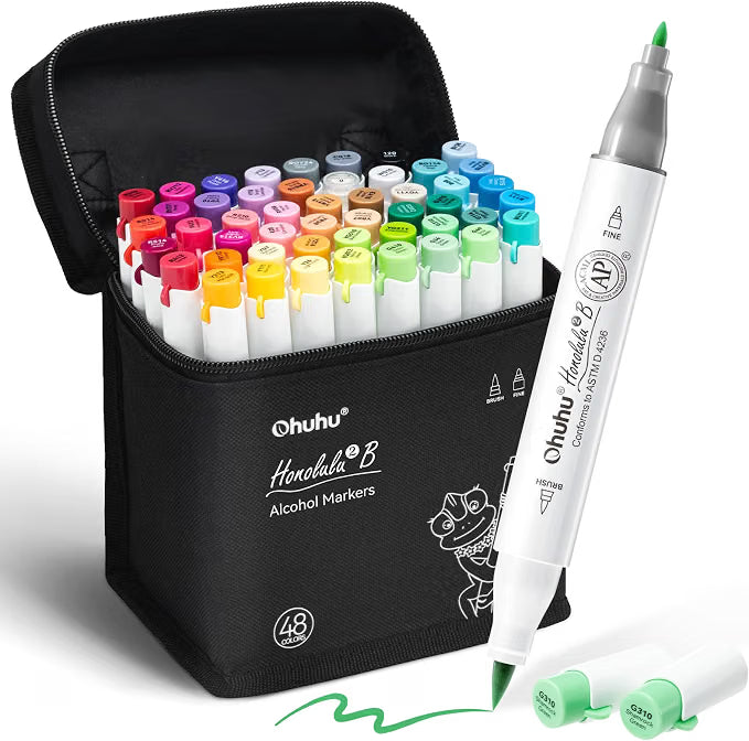 OHUHU Juego de 48 marcadores artísticos certificados AP, puntas dobles a base de alcohol para artistas, principiantes, dibujo