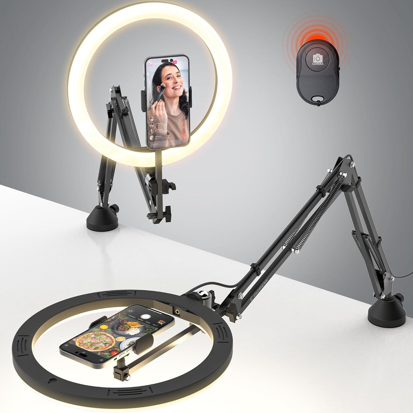 Anillo de luz superior para teléfono, anillo de luz LED circular de 12 pulgadas con abrazadera para grabación de video, soporte articulado flexible para teléfono, compatible con iPhone