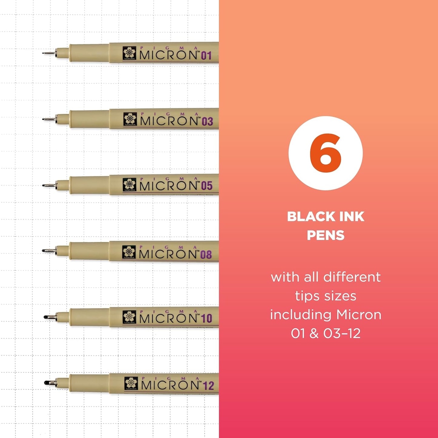 SAKURA Pigma Micron Fineliner - Bolígrafos de tinta negra Archival - Bolígrafos para escribir, dibujar o escribir en diario, varios tamaños de punta, paquete de 6 KEEPLIVINGFASTER