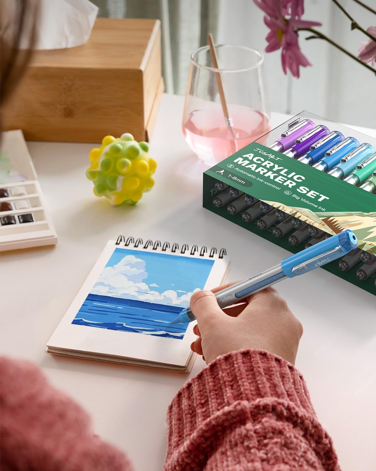 JusArt Marcadores de pintura acrílica, punta de pincel de 24 colores, marcadores a base de agua que no se corren con sistema automático de control de tinta, bolígrafos de pintura acrílica impermeables