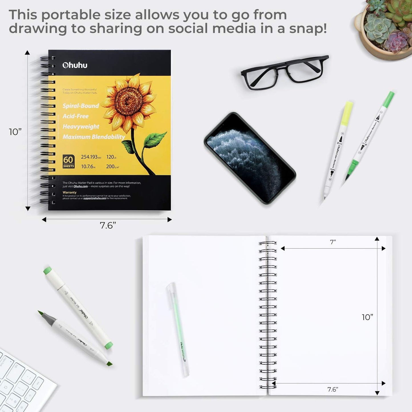 Ohuhu Bloc de dibujo artístico, 7.6 x 10 pulgadas, tamaño de papel grande, 120 libras/200 GSM, papeles de dibujo suaves y pesados, 60 hojas/120 páginas, cuaderno de bocetos encuadernado en espiral Ohuhu