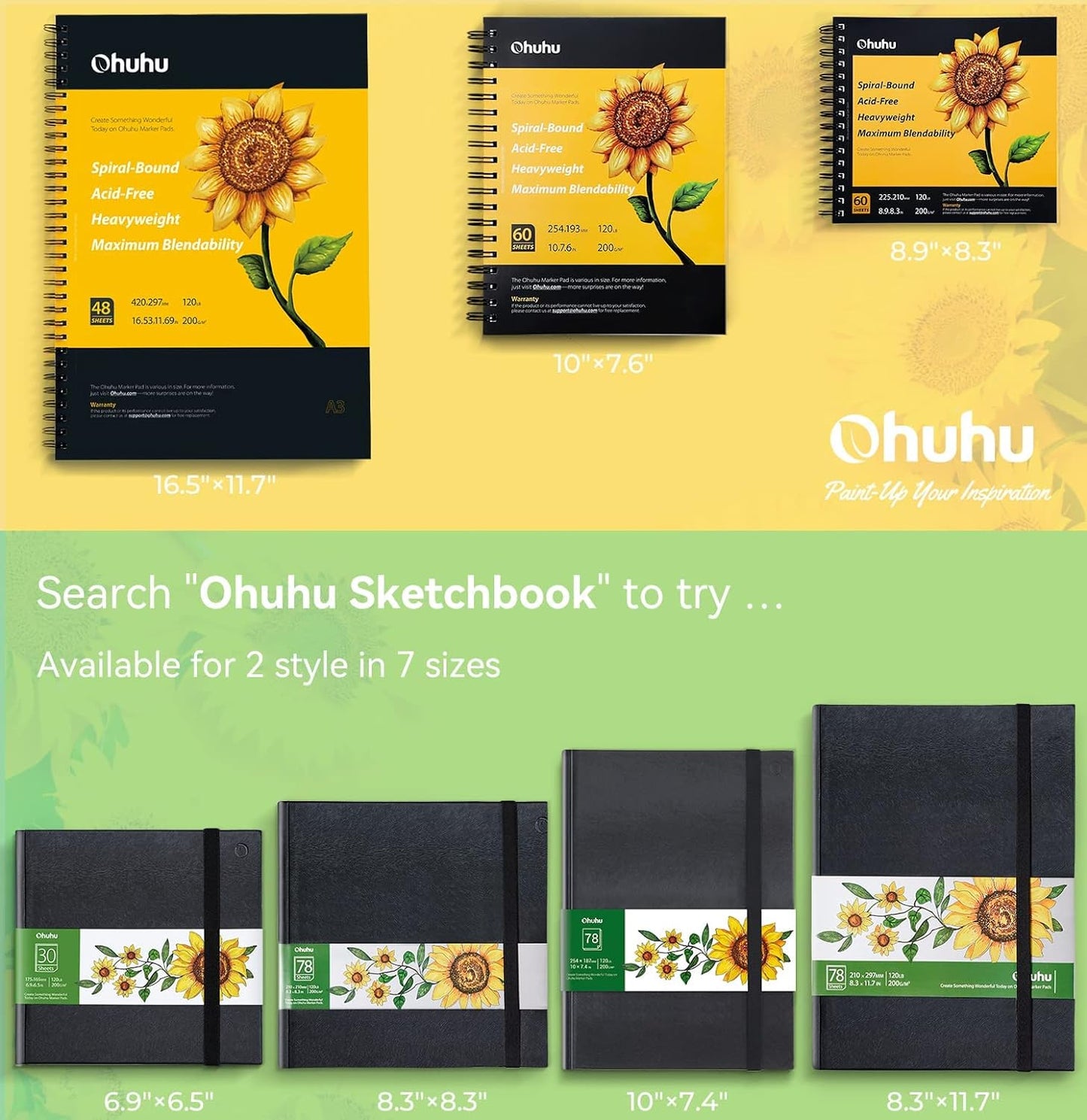 Ohuhu - Cuaderno de bocetos artísticos de 8.9 x 8.3 pulgadas, tamaño cuadrado portátil, 120 libras/200 GSM, 60 hojas/120 páginas, cuaderno de bocetos encuadernado en espiral para marcadores Ohuhu