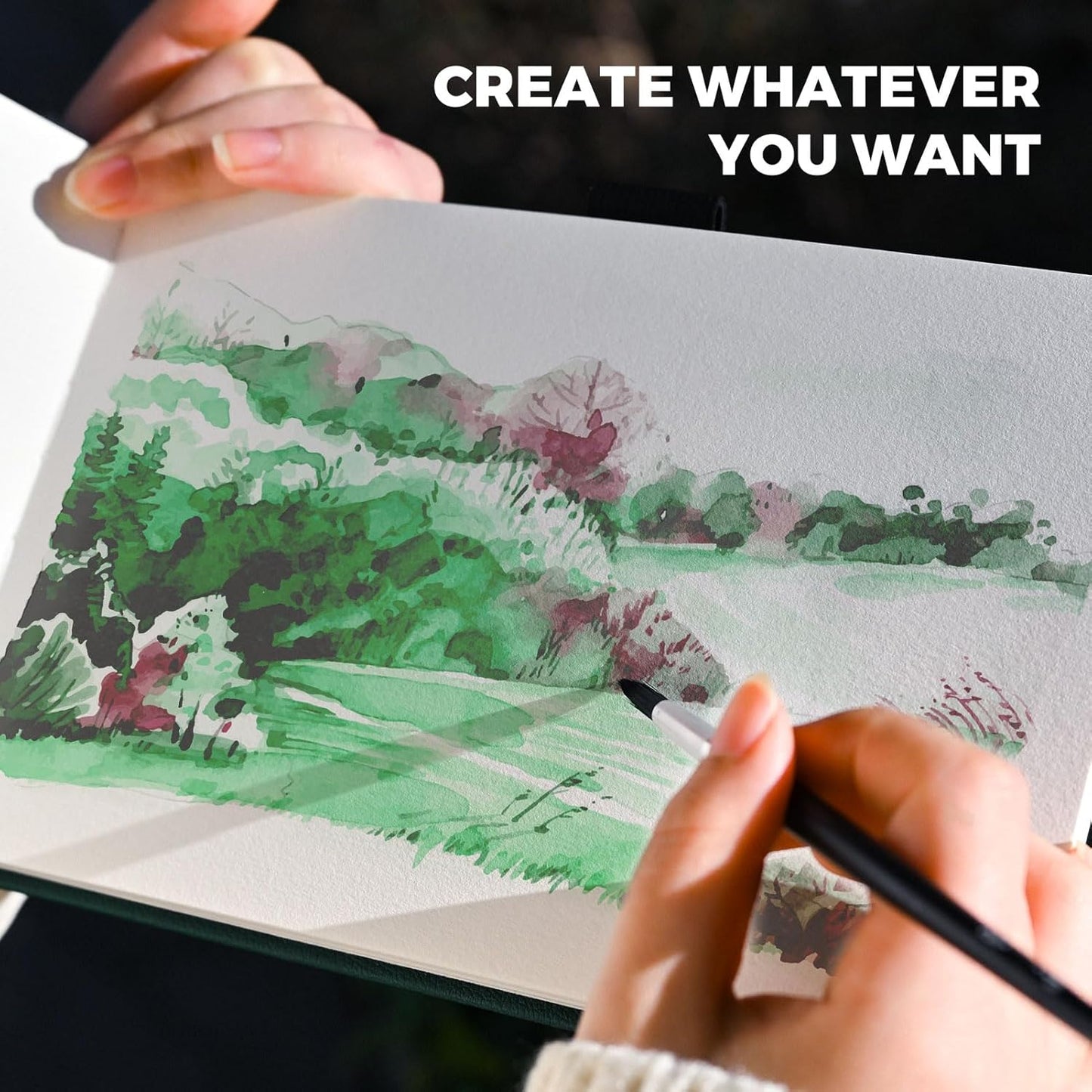 1 Diario de acuarela, 8.5 x 5.5, 48 páginas, cubierta de cuero verde, prensado en frío, bolsillo interior para papel, suministros de arte para medios mixtos