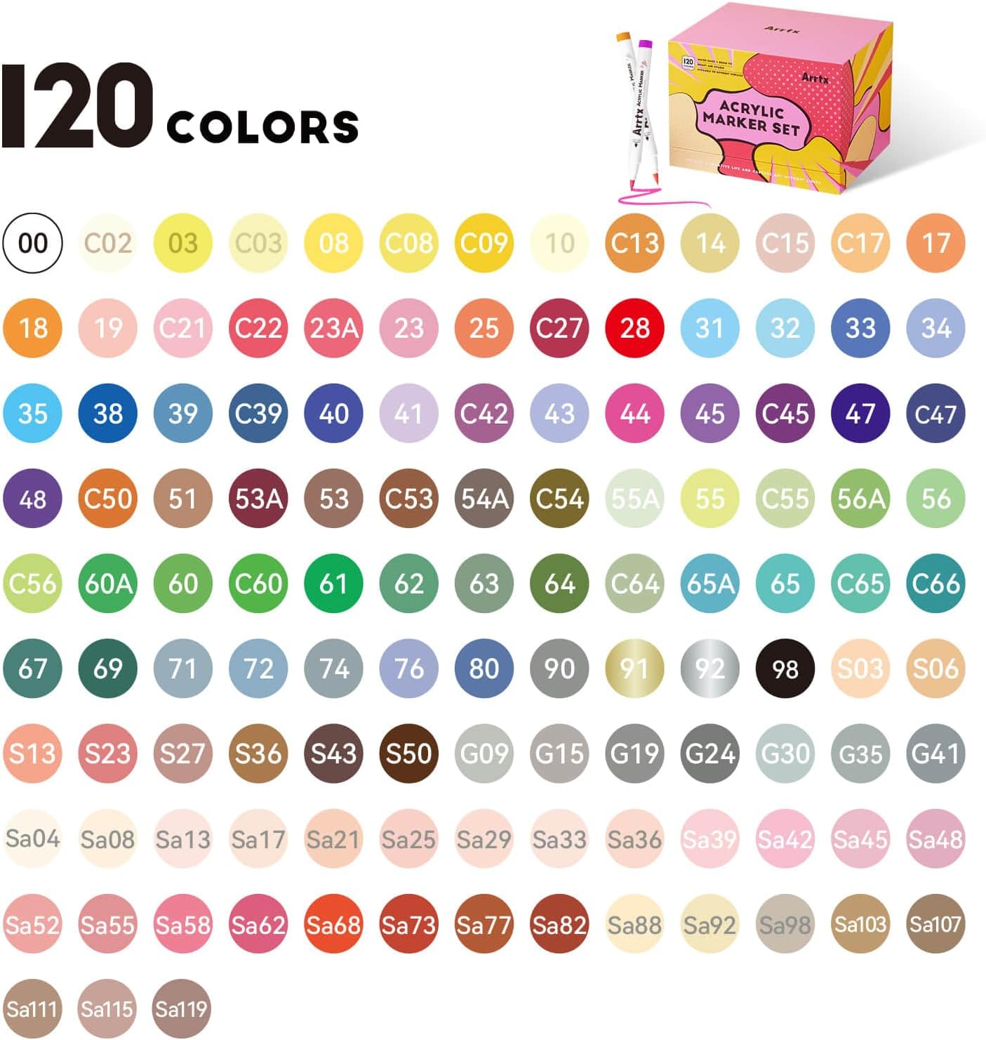 Arrtx Marcadores de 120 colores, bolígrafos de pintura acrílica para artistas, adultos, dibujo de dibujos animados, cómic, anime, punta de pincel para pintura roca, madera, lienzo, manualidades
