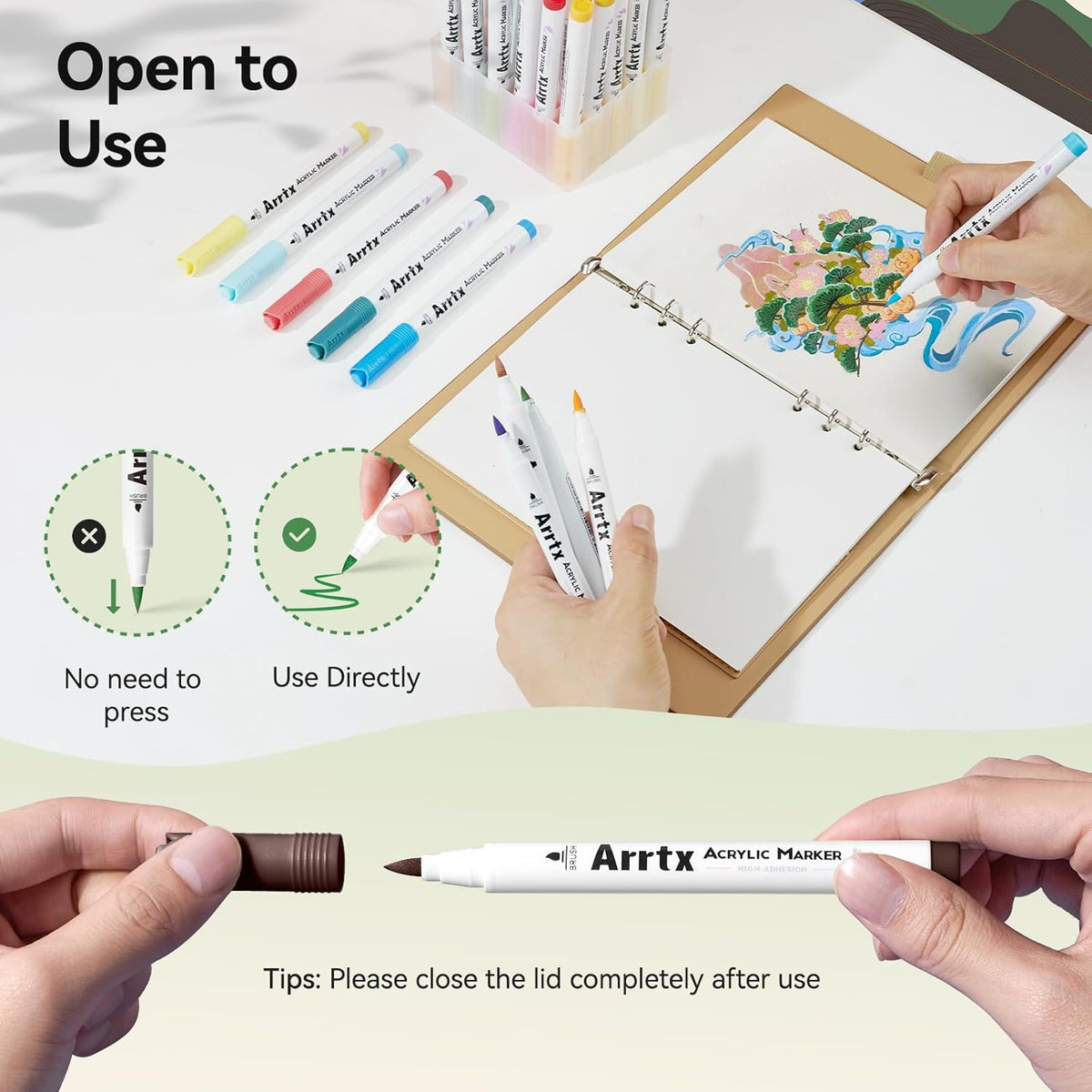 Arrtx Marcadores de pintura de 90 colores, bolígrafos de pintura acrílica para artistas y adultos, para colorear y dibujar, punta de pincel extra para pintura de rocas, madera, lienzo, manualidades