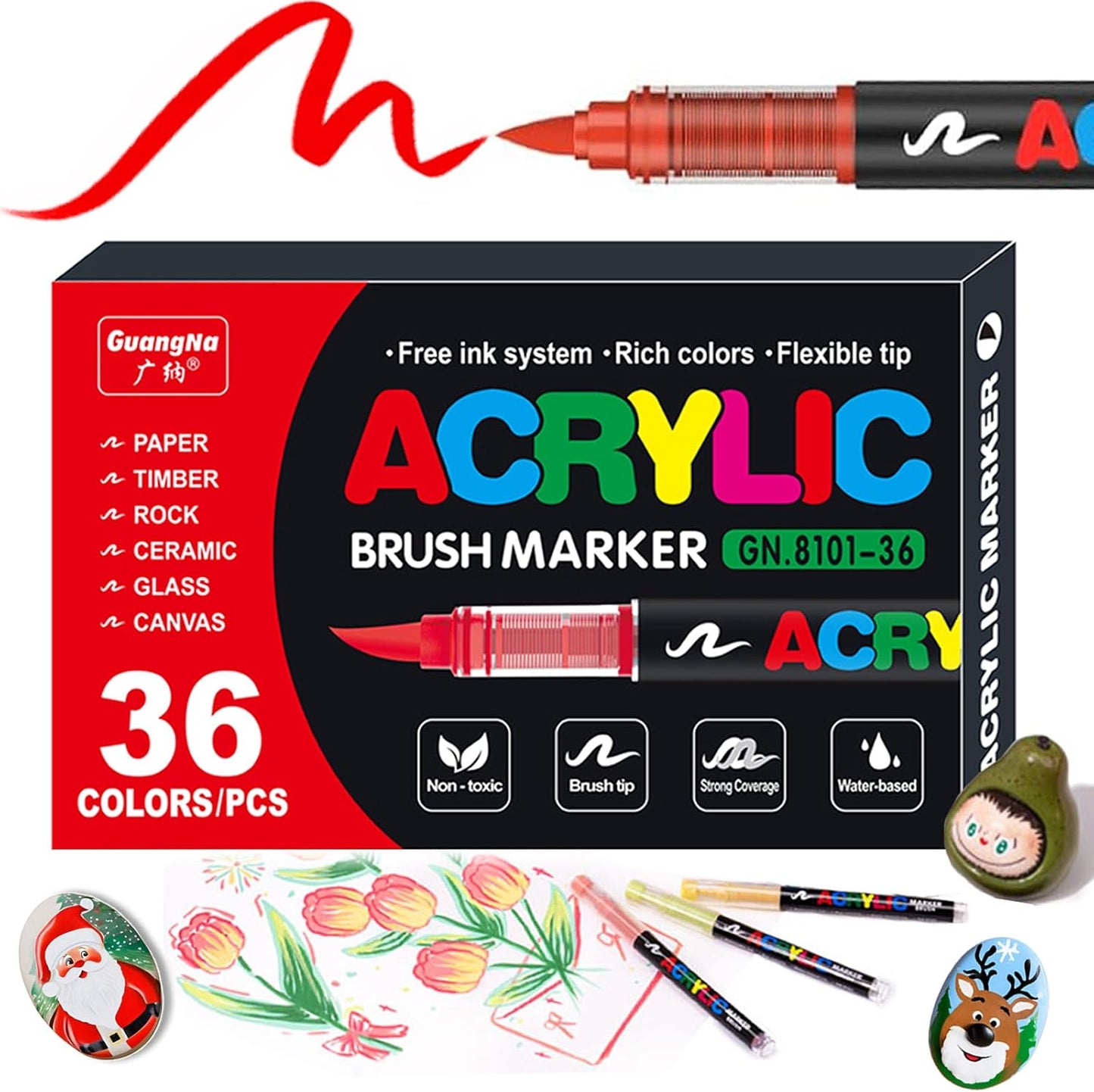 Bolígrafos de pintura acrílica de 36 colores, marcadores de pintura acrílica con punta de pincel suave, marcadores acrílicos impermeables de secado rápido para lienzo, pintura roca, madera,