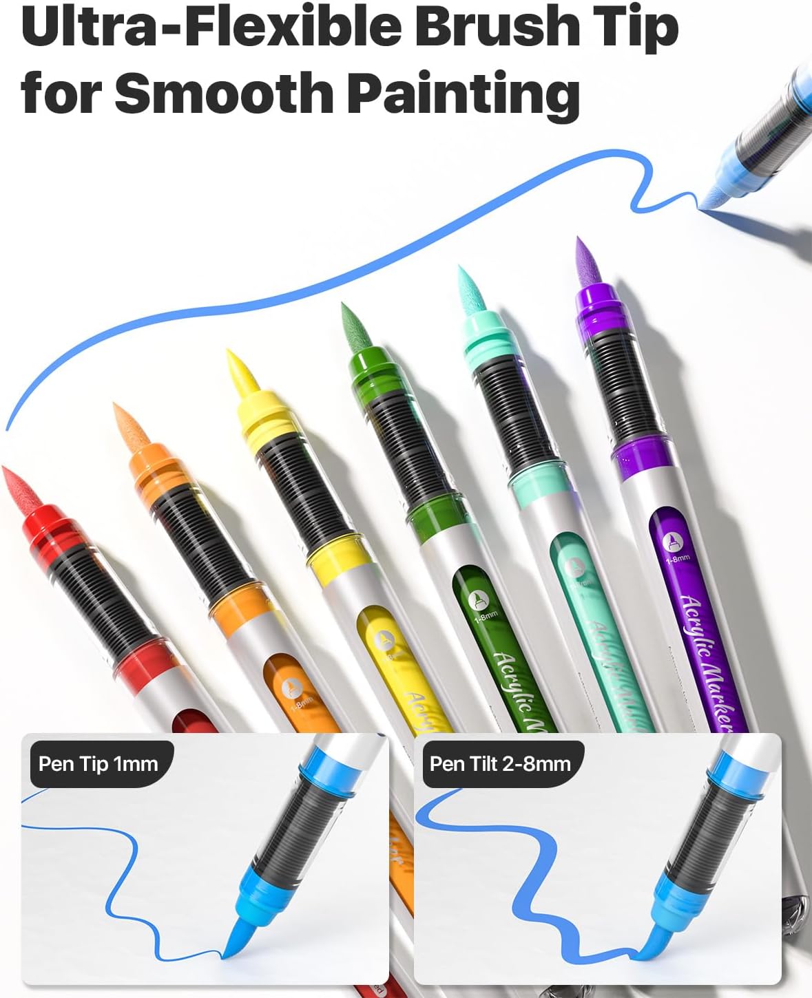 JusArt Marcadores de pintura acrílica, punta de pincel de 30 colores, marcadores a base de agua que no se corren con sistema de control automático de tinta, bolígrafos de pintura acrílica impermeables
