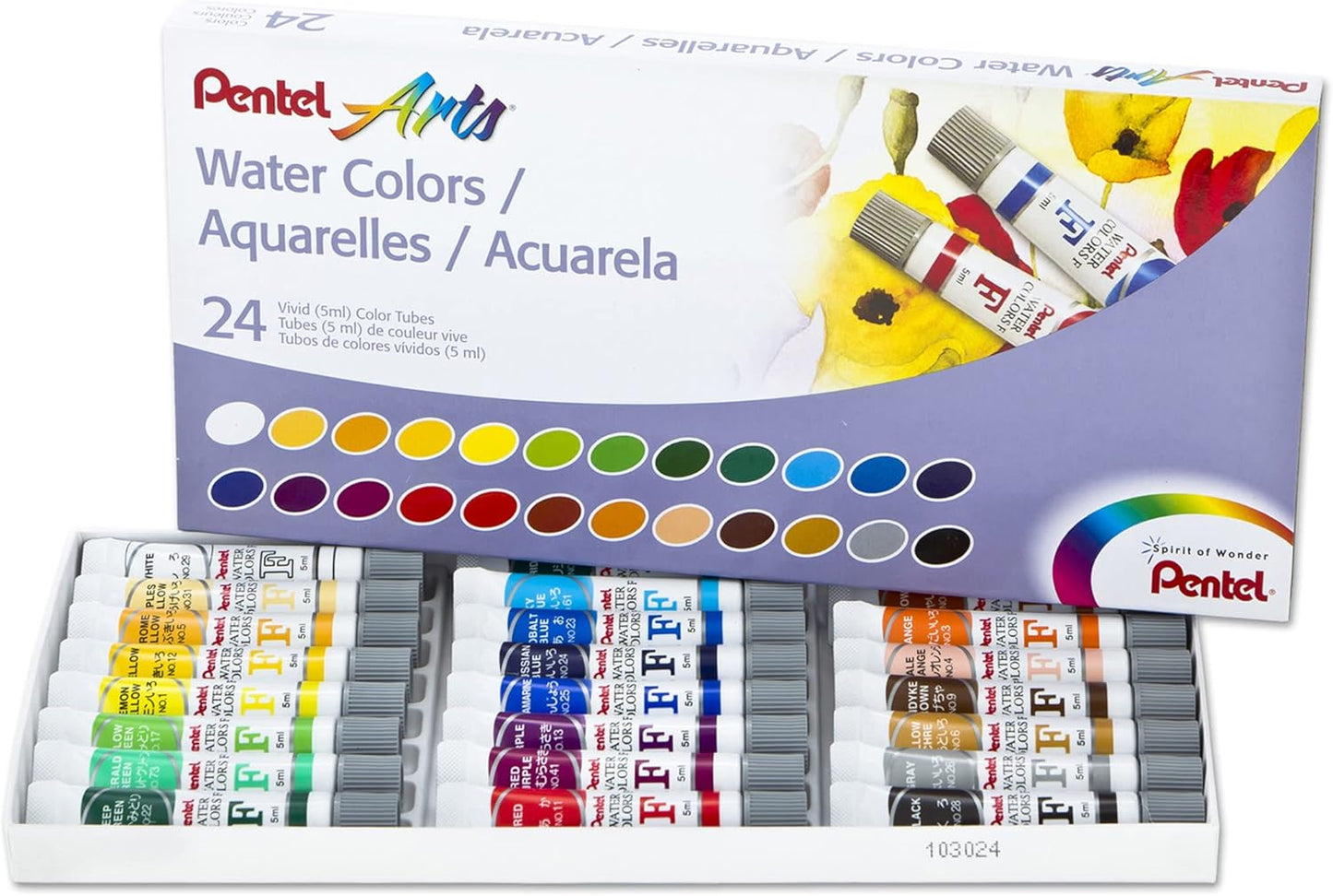 Pentel Colores de agua para artes, colores surtidos, paquete de 24