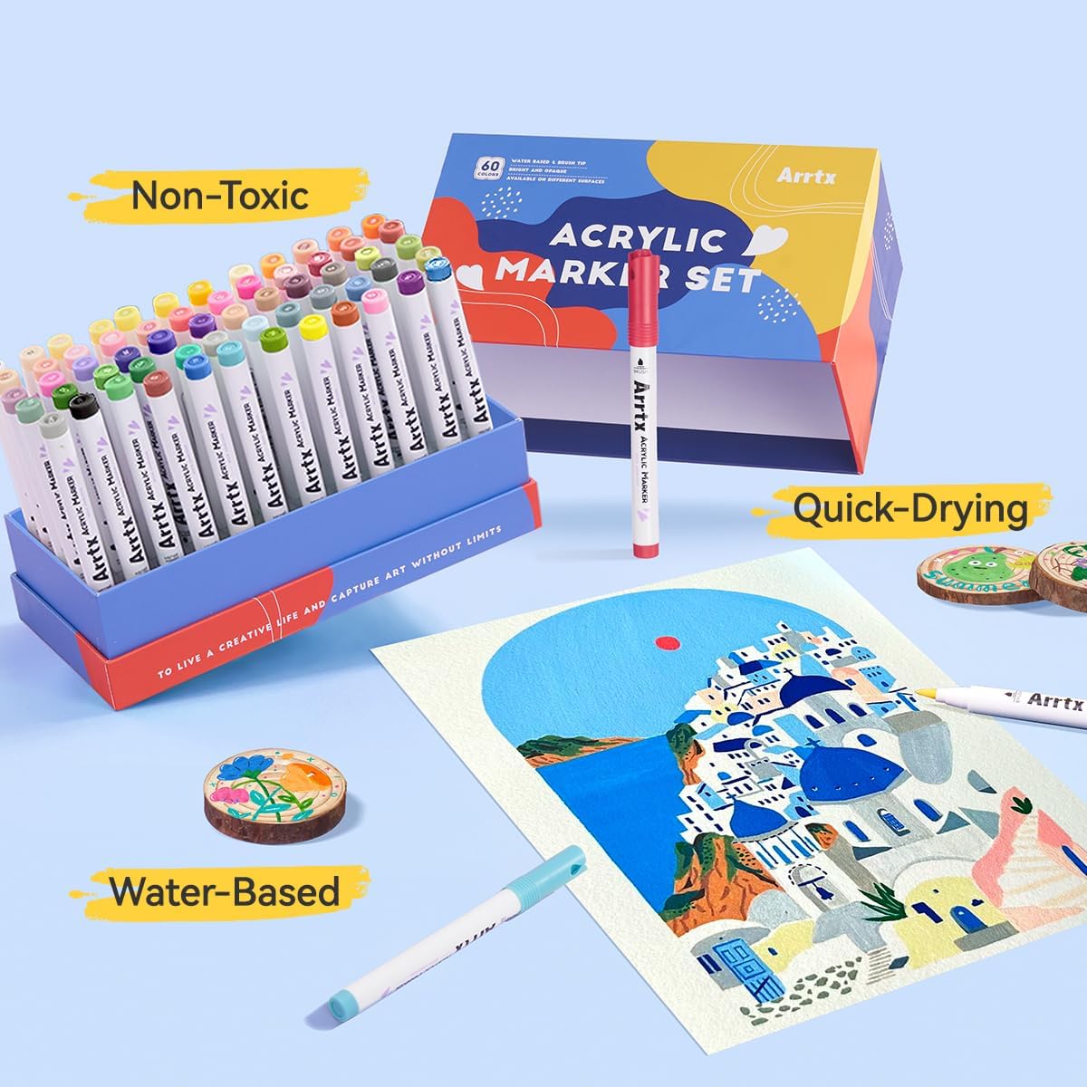 Arrtx Bolígrafos de pintura acrílica de 60 colores, rotuladores de pintura, punta de pincel para pintura roca, madera, lienzo, piedra, cerámica, suministros de arte para manualidades, con neón,