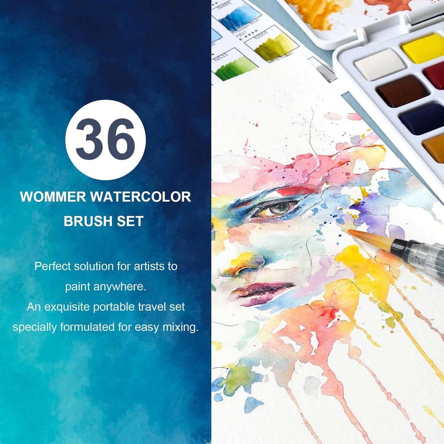 Juego de pintura de acuarela de 36 colores vivos con pincel de agua y 10 papel de acuarela de grado artist, juego de viaje perfecto para artistas, aficionados