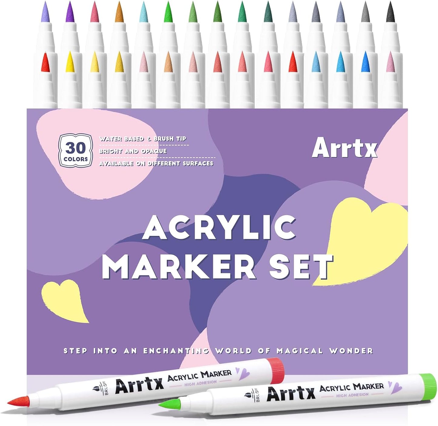 Arrtx - Marcadores de pintura acrílica 30A, marcadores acrílicos con punta de pincel para pintar rocas, madera, cerámica, vidrio, lienzo, metal, plástico, tela, piedra y proyectos de bricolaje