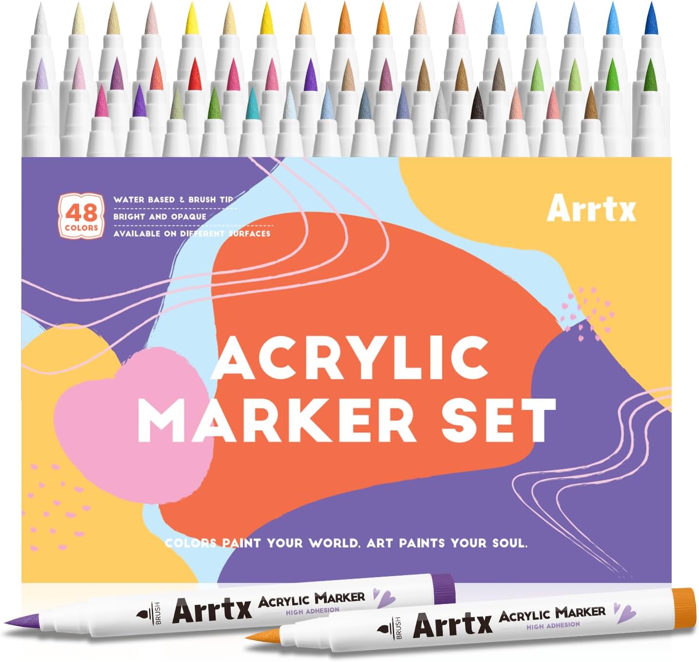 Arrtx - Marcadores acrílicos de 48 colores (110F) , punta de pincel para pintar rocas, vidrio, piedra, madera, cerámica, tela, proyectos de bricolaje y suministros de arte