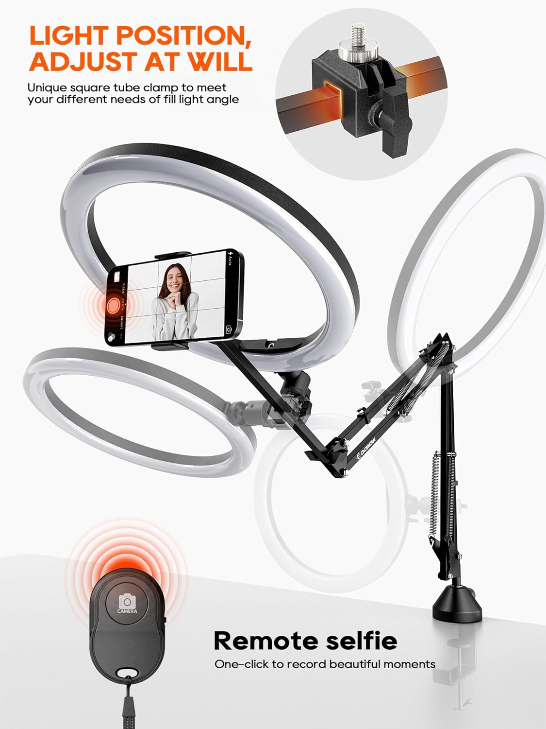 Anillo de luz superior para teléfono, anillo de luz LED circular de 12 pulgadas con abrazadera para grabación de video, soporte articulado flexible para teléfono, compatible con iPhone