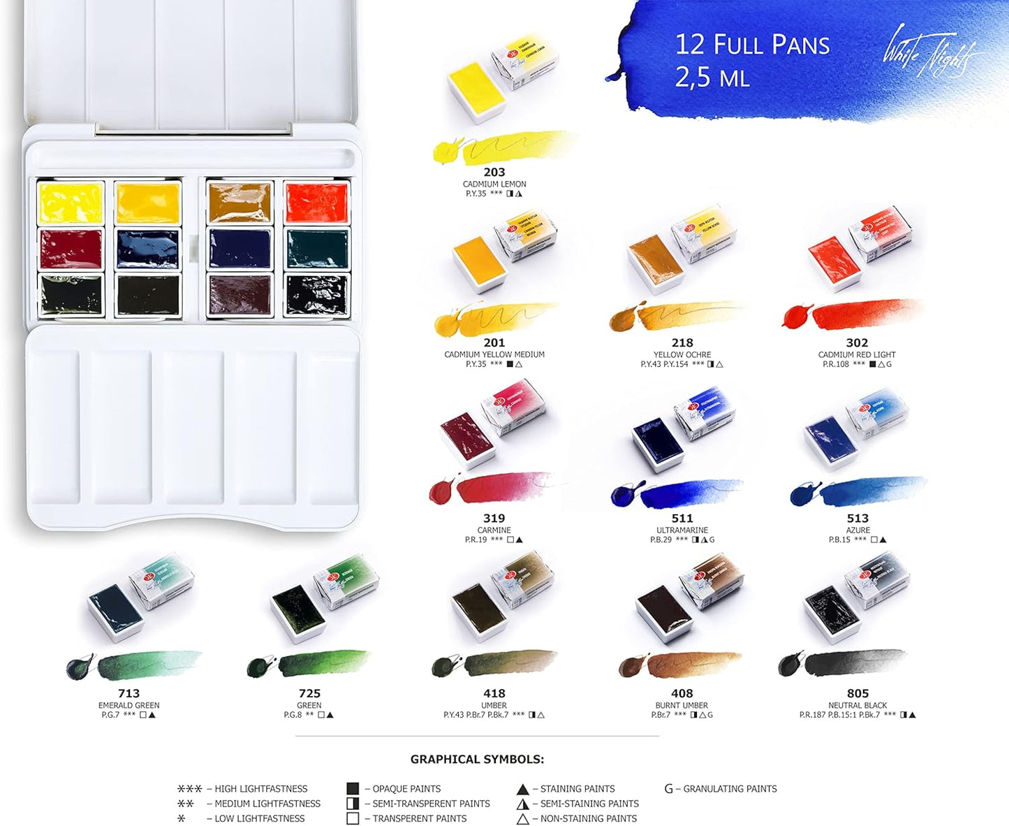 White Nights Watercolour - Acuarelas de San Petersburgo, set de 12 paletas