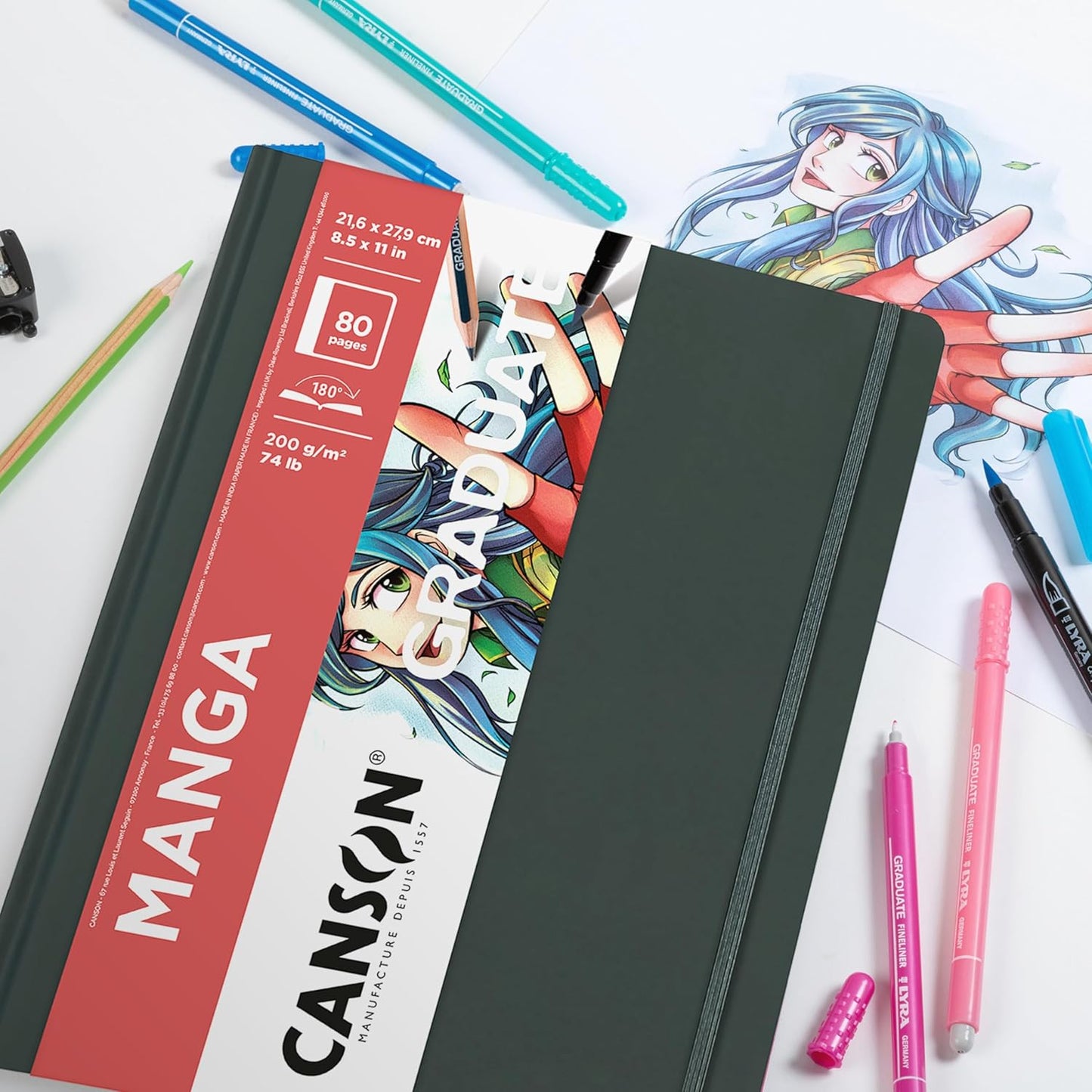 Canson Papel manga Graduate, diario de arte de tapa dura, 5.5 x 8.5 pulgadas, 40 hojas - Papel de artista para ilustración, estudios de personajes, cómics