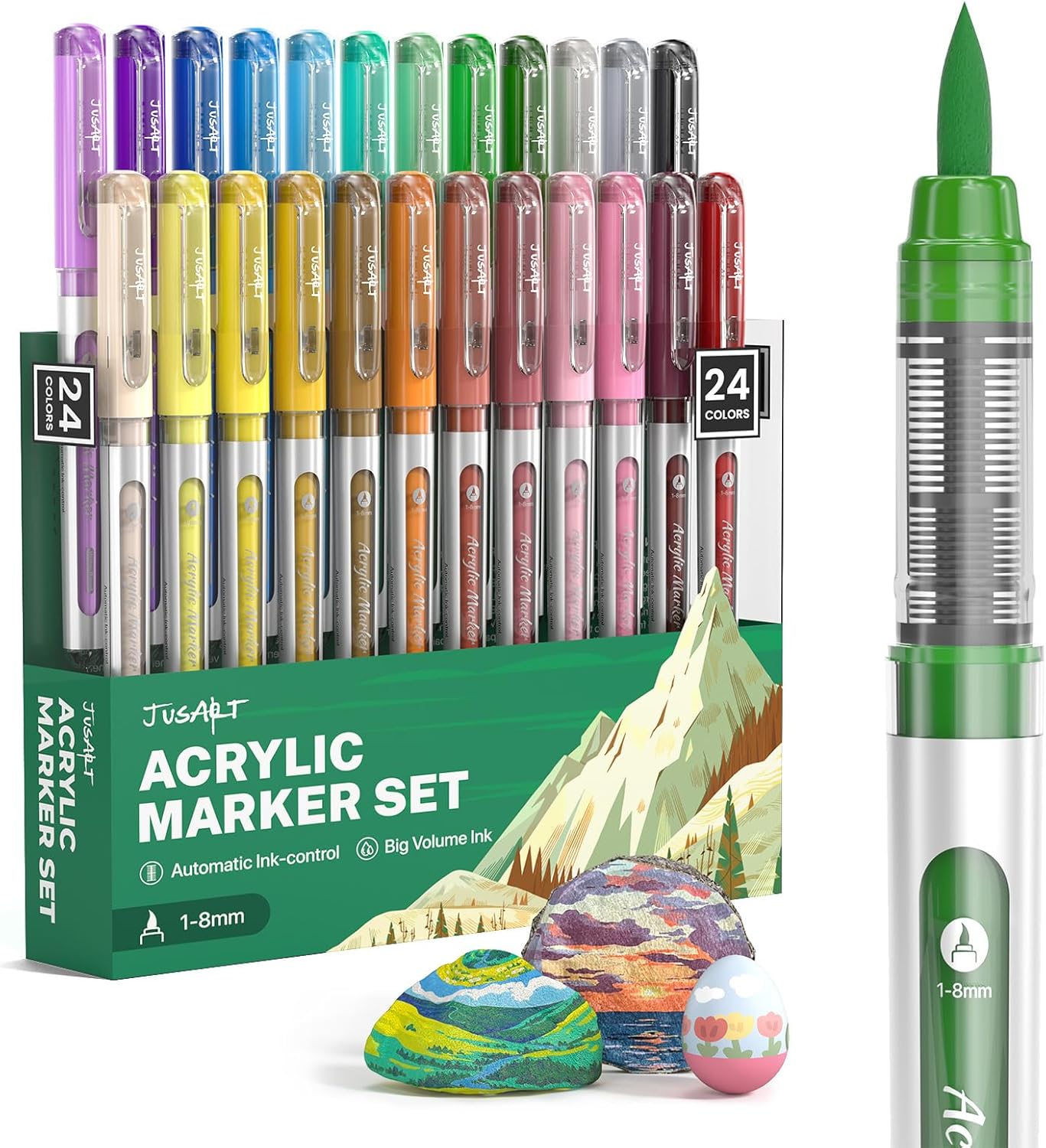 JusArt Marcadores de pintura acrílica, punta de pincel de 24 colores, marcadores a base de agua que no se corren con sistema automático de control de tinta, bolígrafos de pintura acrílica impermeables