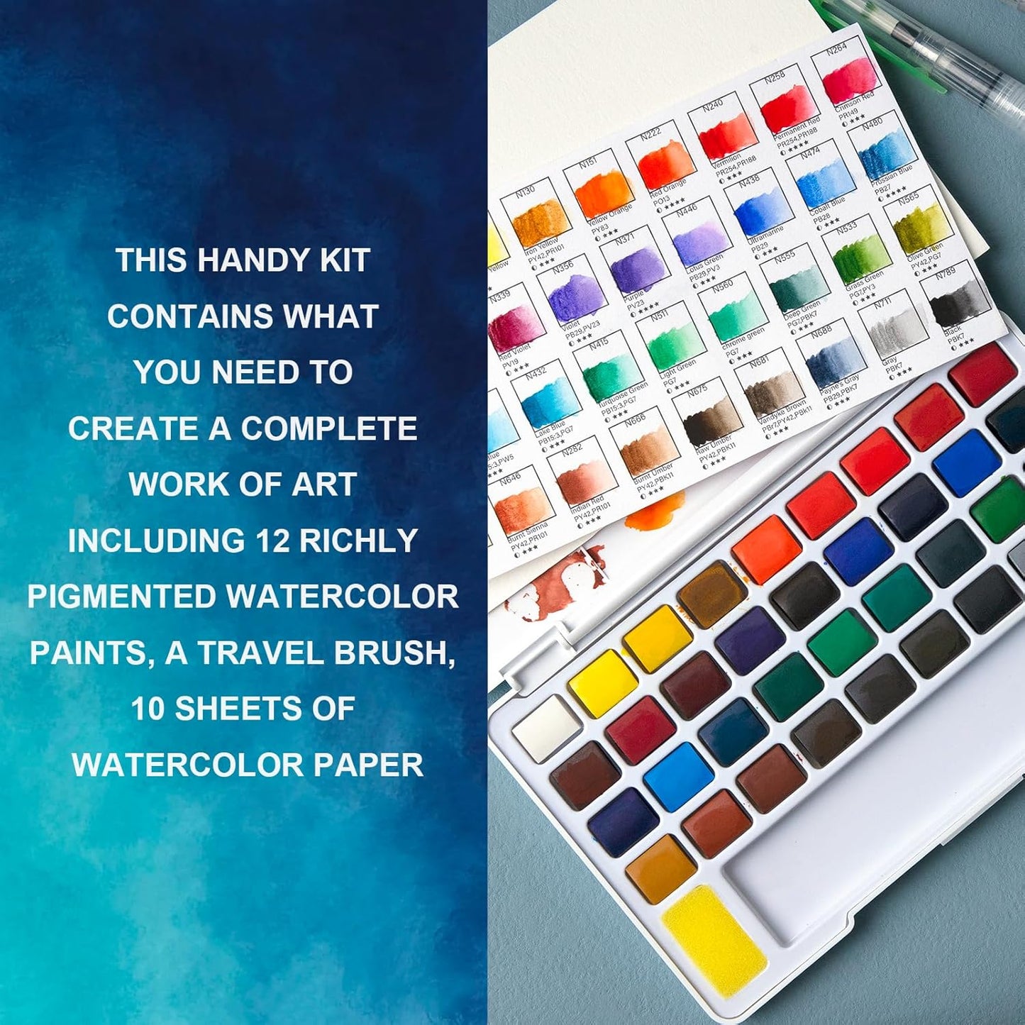 Juego de pintura de acuarela de 36 colores vivos con pincel de agua y 10 papel de acuarela de grado artist, juego de viaje perfecto para artistas, aficionados