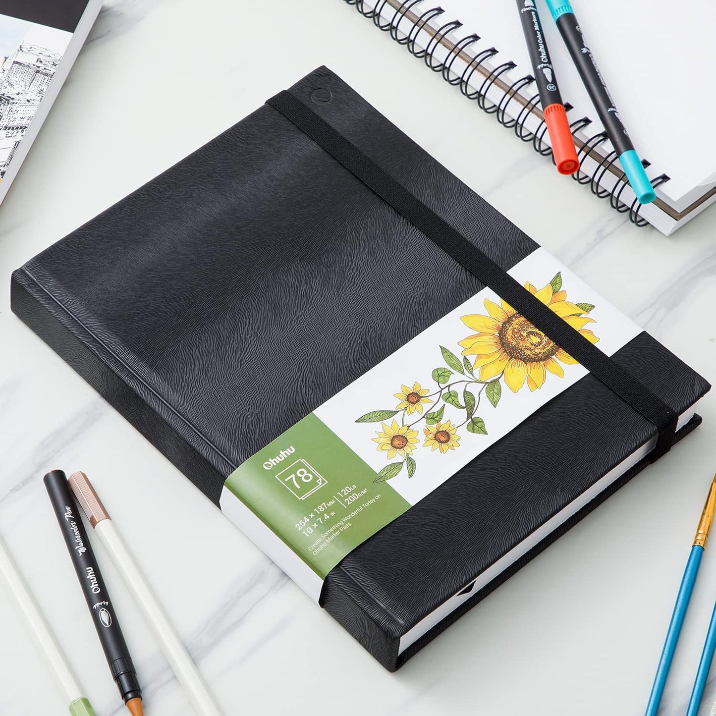 Ohuhu Cuadernos de dibujo artísticos, 7.4 x 10 pulgadas, tamaño de papel grande, 120 libras, papeles de dibujo de 200 GSM, 78 hojas/156 páginas, libro de bocetos de tapa dura para marcadores