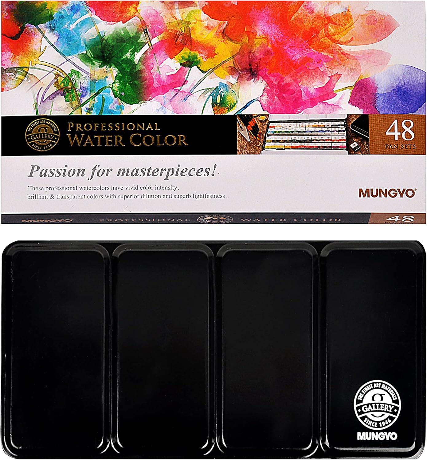 RESERVA - Mungyo Juego de acuarelas profesionales de tamaño medio sartén en estuche de lata/paleta de mezcla integral en la tapa (48 colores)