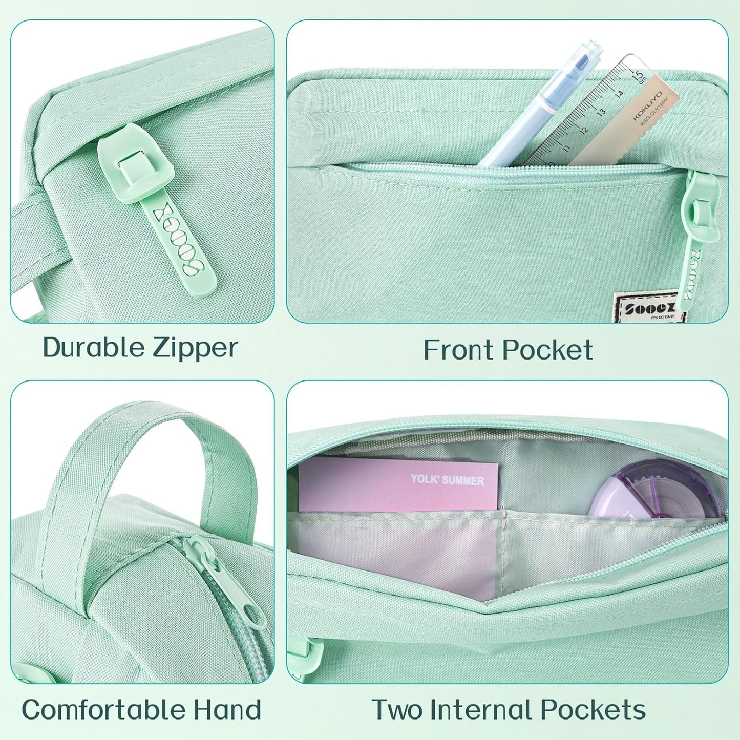 Estuche para lápices de alta capacidad, grande, organizador portátil duradero con asa de fácil agarre y lazo, suministro estético para niñas y adultos, verde menta