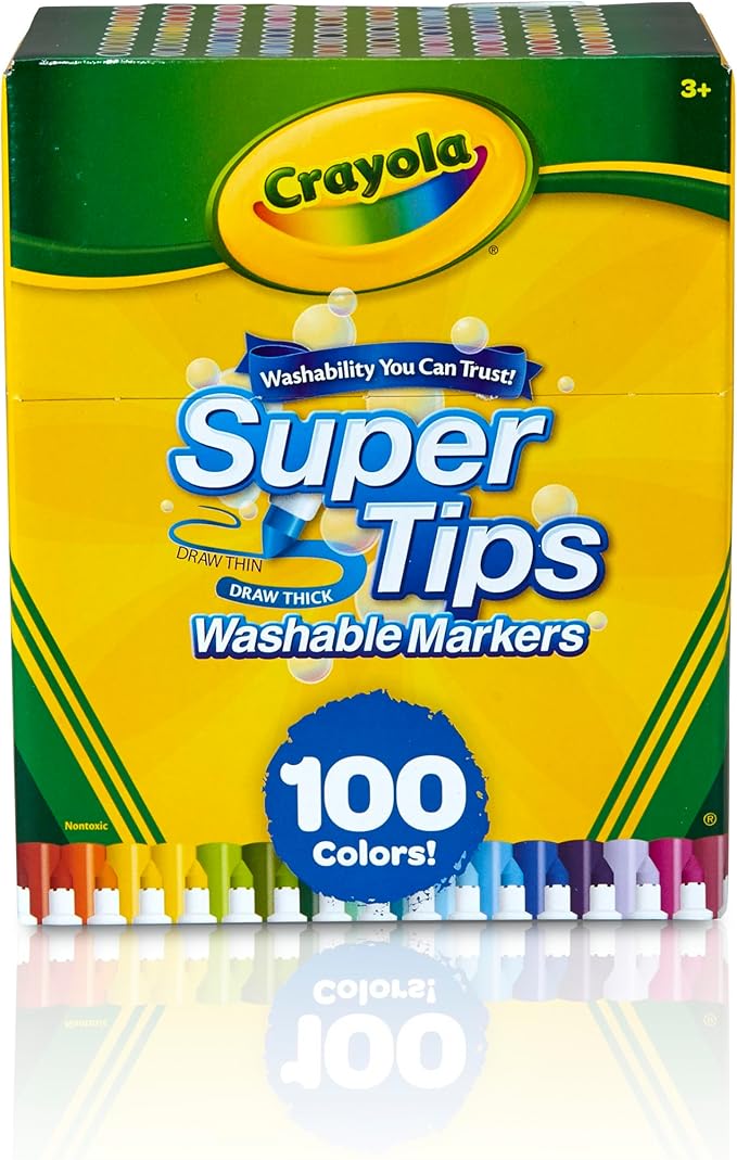 Crayola Juego de rotuladores Super Tips, lavables, colores surtidos, juego de arte para niños, 100 unidades