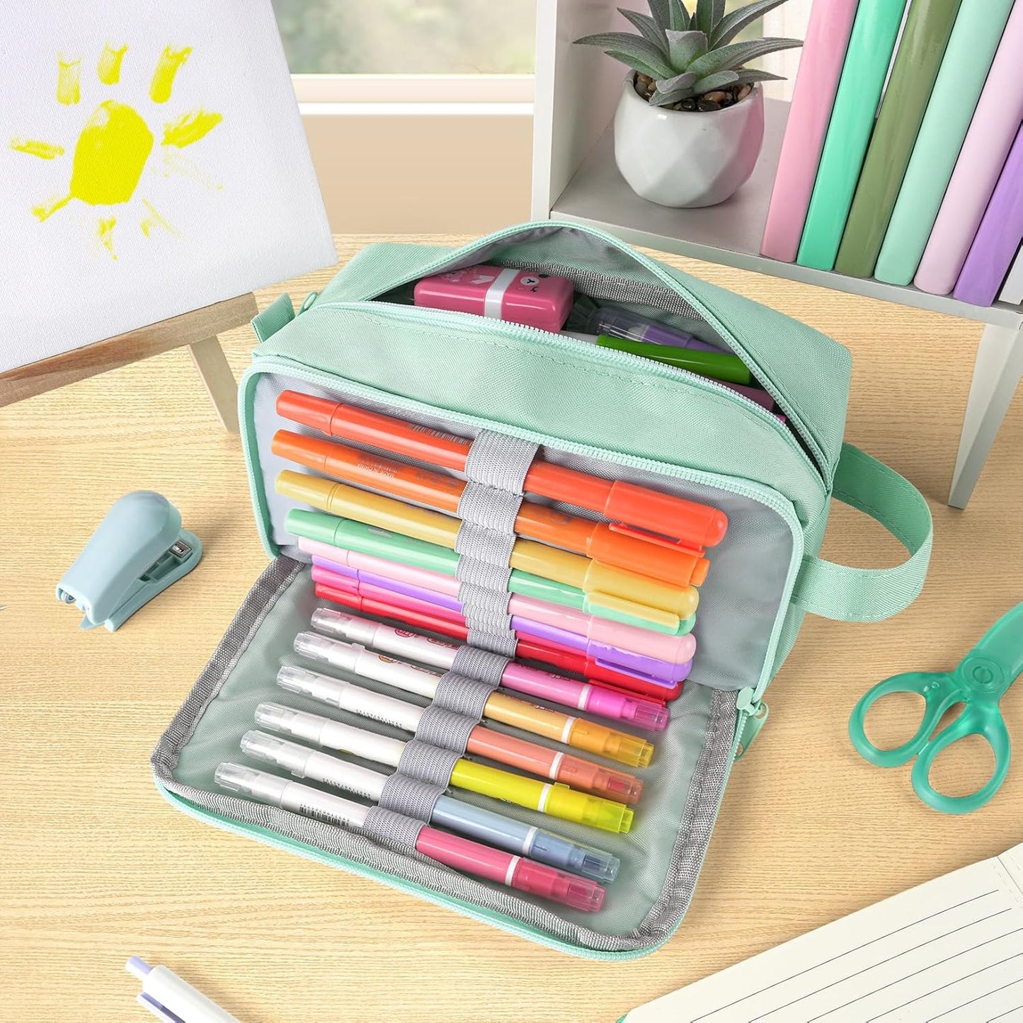 Estuche para lápices de alta capacidad, grande, organizador portátil duradero con asa de fácil agarre y lazo, suministro estético para niñas y adultos, verde menta