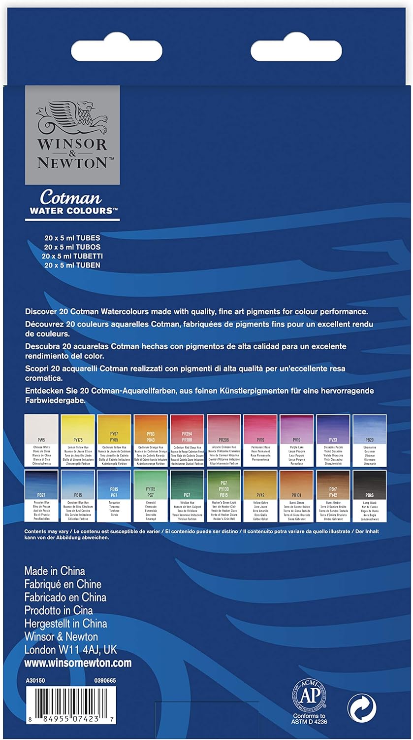 Winsor & Newton Cotman - Juego de pintura de acuarela, 20 colores, tubos de 0.17 onzas líquidas Winsor & Newton