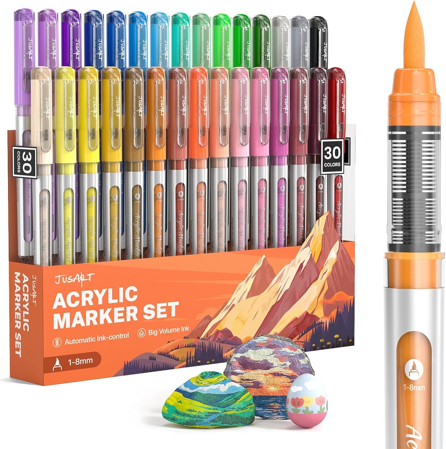 JusArt Marcadores de pintura acrílica, punta de pincel de 30 colores, marcadores a base de agua que no se corren con sistema de control automático de tinta, bolígrafos de pintura acrílica impermeables