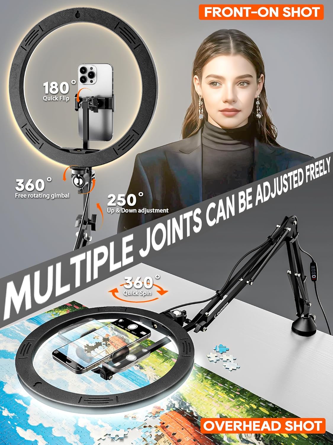 Anillo de luz superior para teléfono, anillo de luz LED circular de 12 pulgadas con abrazadera para grabación de video, soporte articulado flexible para teléfono, compatible con iPhone
