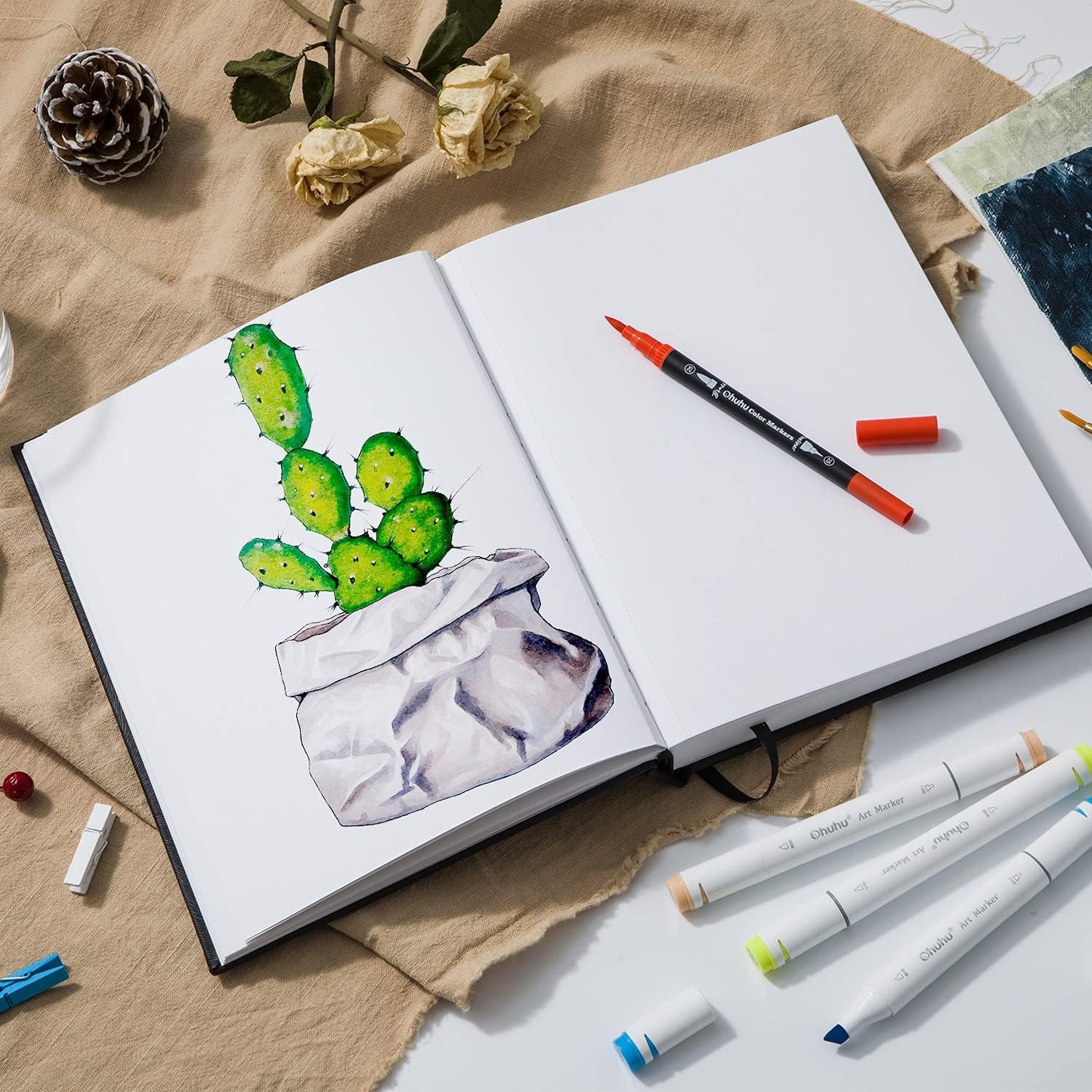 Ohuhu Cuadernos de dibujo artísticos, 7.4 x 10 pulgadas, tamaño de papel grande, 120 libras, papeles de dibujo de 200 GSM, 78 hojas/156 páginas, libro de bocetos de tapa dura para marcadores