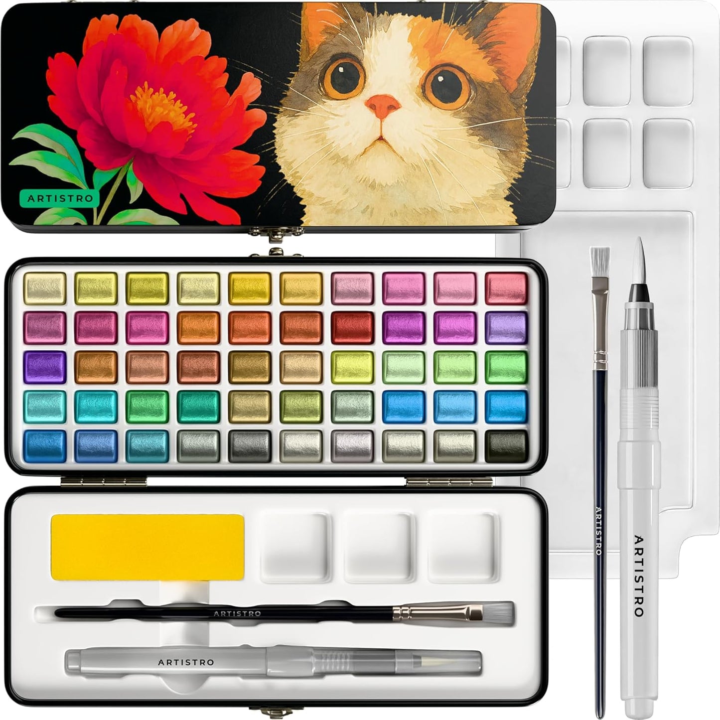 Juego de pintura de acuarela de 50 colores metálicos, juego de pintura portátil con paleta y bolígrafos de pincel, kit de acuarela de viaje para adultos, profesionales, niños, suministros de arte y pintura,