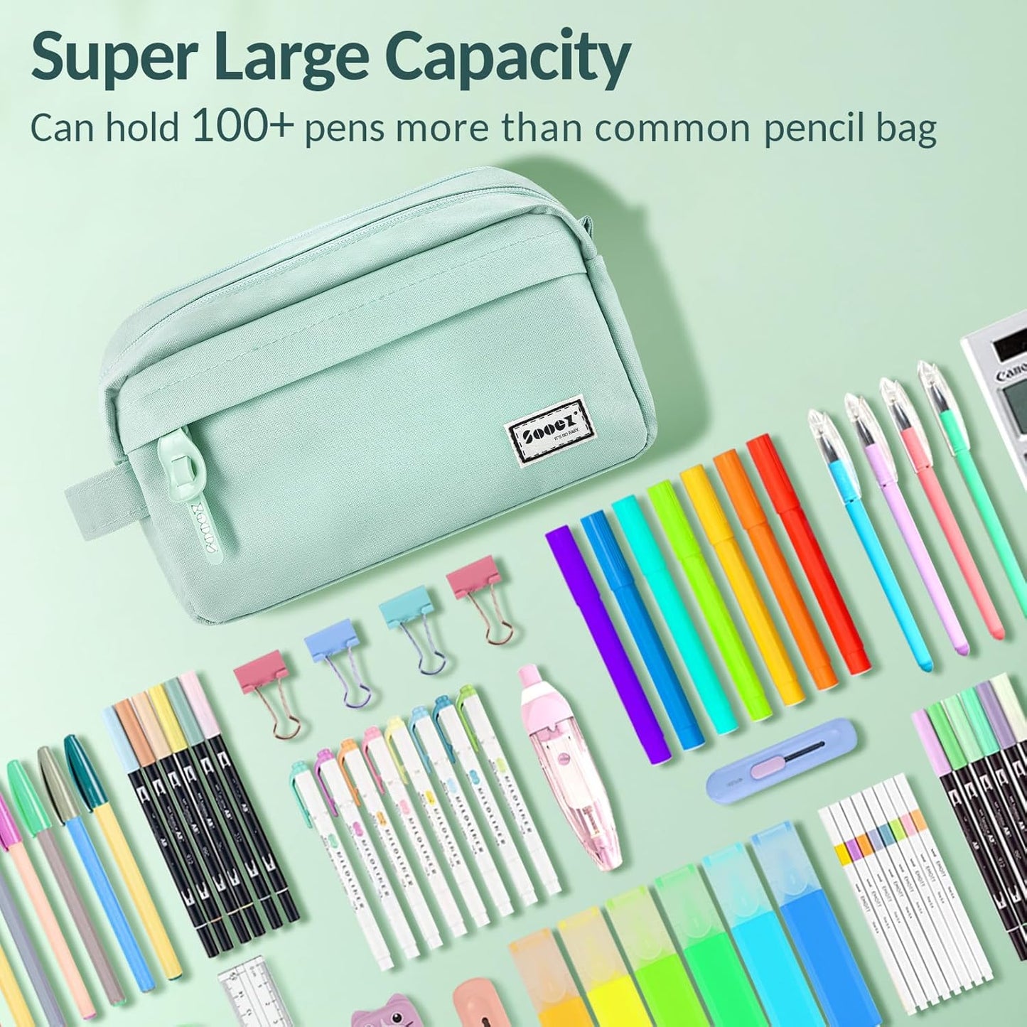 Estuche para lápices de alta capacidad, grande, organizador portátil duradero con asa de fácil agarre y lazo, suministro estético para niñas y adultos, verde menta