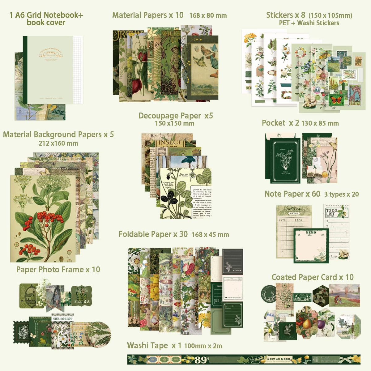 Kit de suministros para álbumes de recortes, kit de álbum de recortes estético botánico vintage para diario, papelería, cuaderno de cuadrícula A6, suministros de diario de flores KEEPLIVINGFASTER