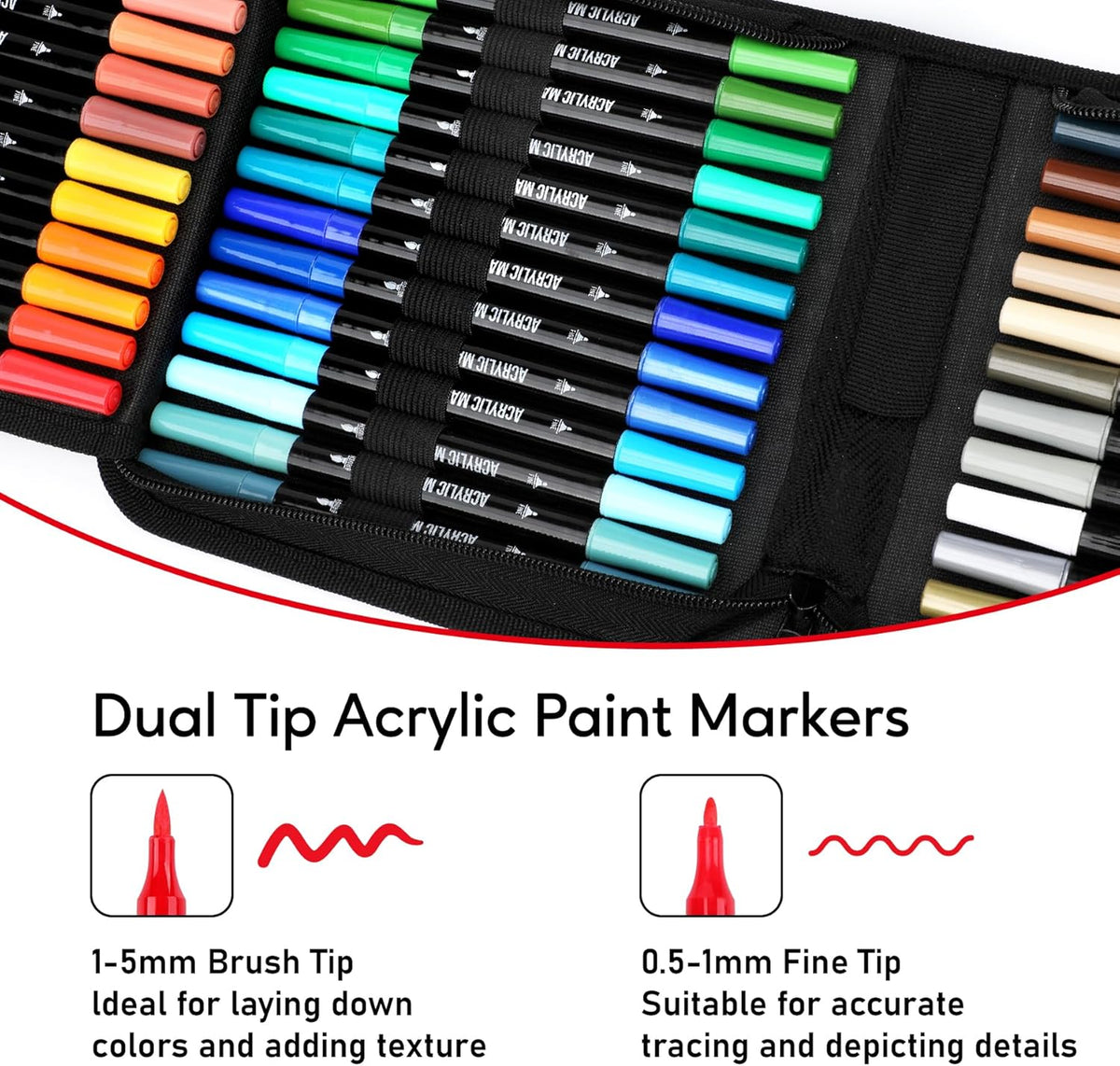 Marcadores de pintura acrílica de 48 colores, punta doble con punta fina y punta de pincel para piedra, madera, caligrafía, lienzo, cerámica, metal, vidrio, pintura rupestre, kit de suministros