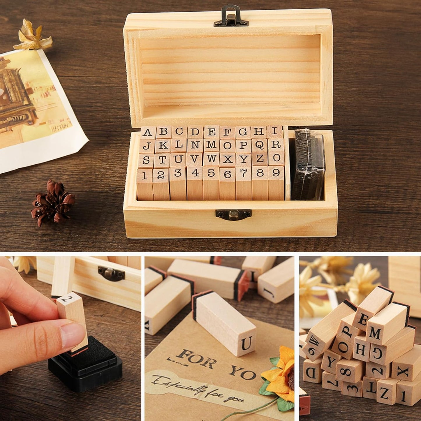 36 sellos de goma de madera, mini sellos de letras del alfabeto para tarjetas de manualidades y álbumes de fotos, juego de sellos de tinta para manualidades con caja de madera, color negro KEEPLIVINGFASTER