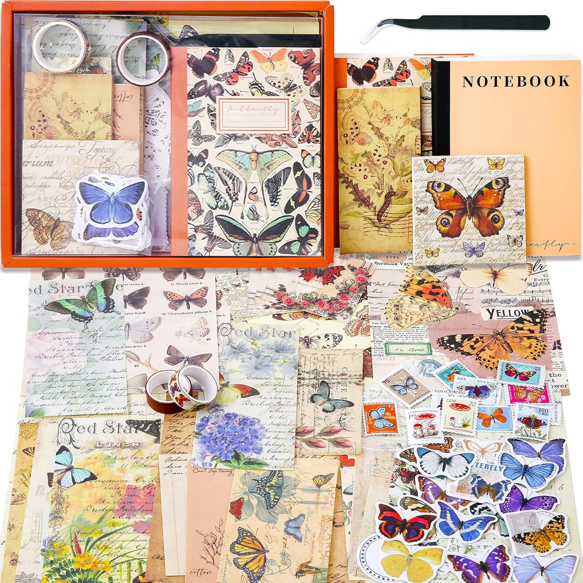 Emmoolife Kit de suministros de álbumes de recortes estéticos vintage, kit de álbum de recortes de mariposa con suministros de diario, cuaderno de cuadrícula A6, papelería, juego de regalo KEEPLIVINGFASTER
